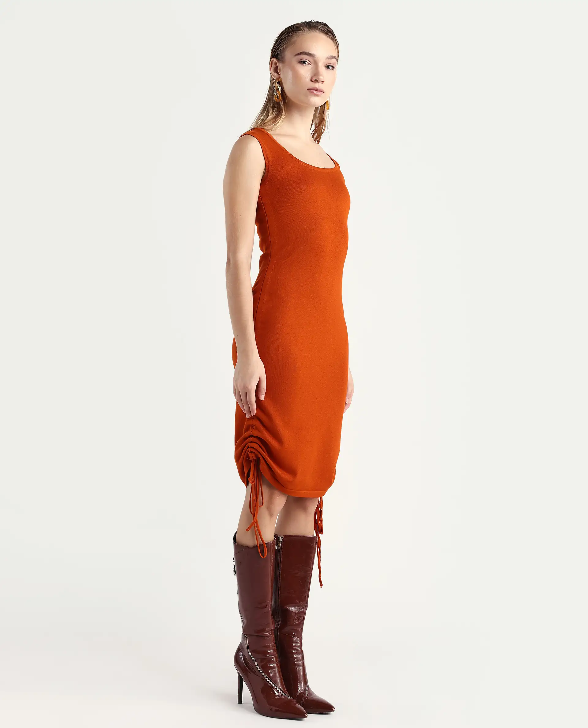 Rareism Women's Hailey Orange Viscose Square Neck Plain Sleeveless Mini Regular Fit Dress - Image 7