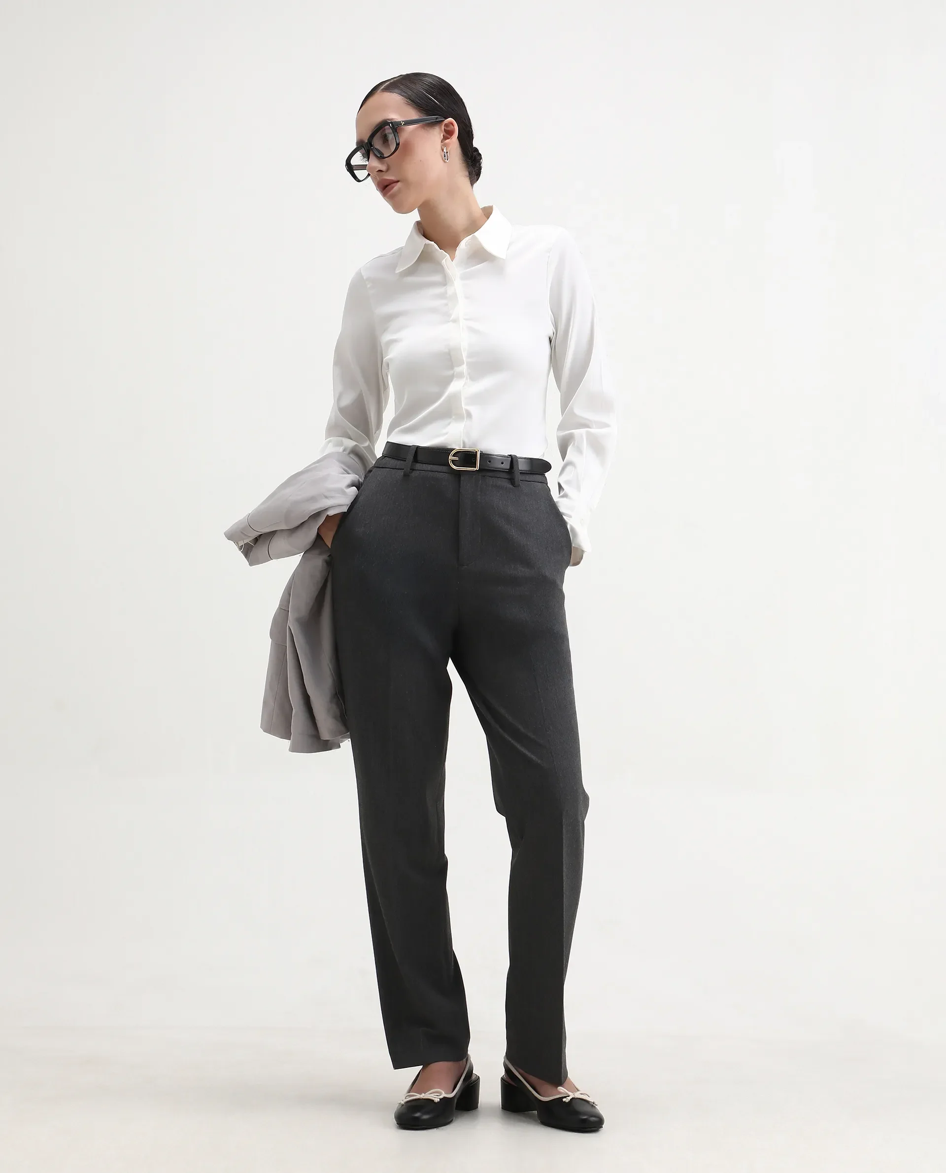 Rareism Women's Haipe White Polyester Spread Collar Plain Cuffed Sleeve Regular Fit Top - Image 2