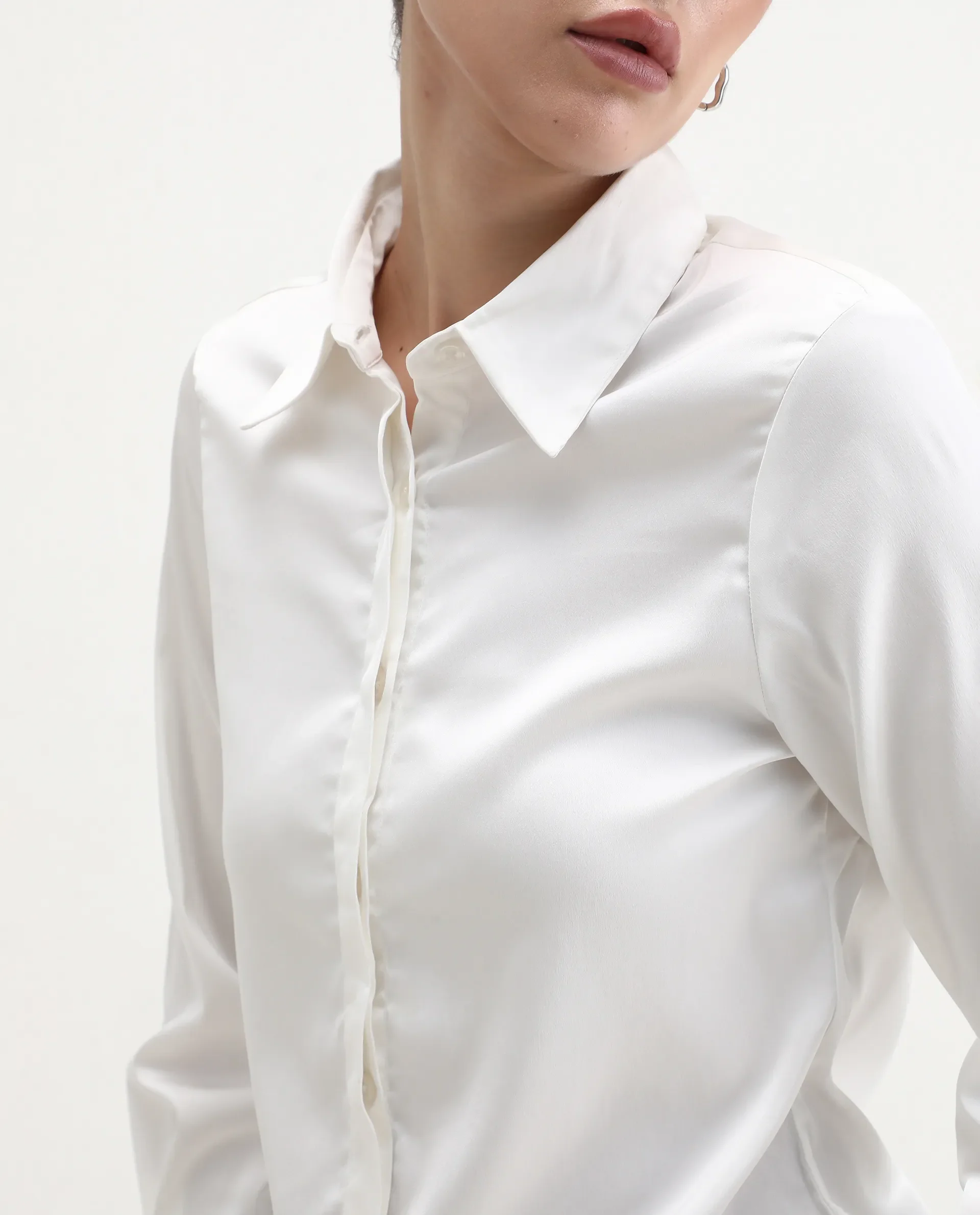 Rareism Women's Haipe White Polyester Spread Collar Plain Cuffed Sleeve Regular Fit Top - Image 3