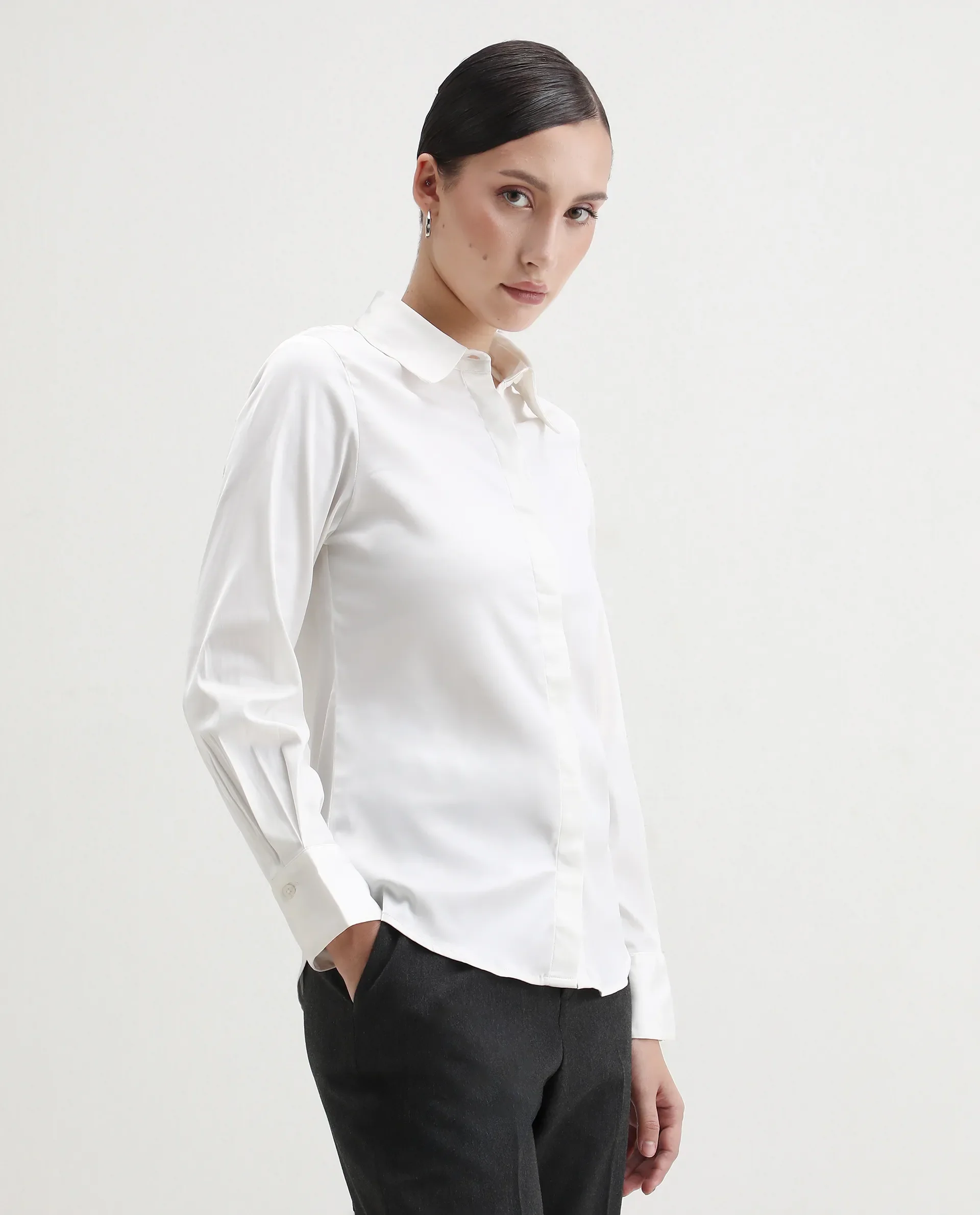 Rareism Women's Haipe White Polyester Spread Collar Plain Cuffed Sleeve Regular Fit Top - Image 4