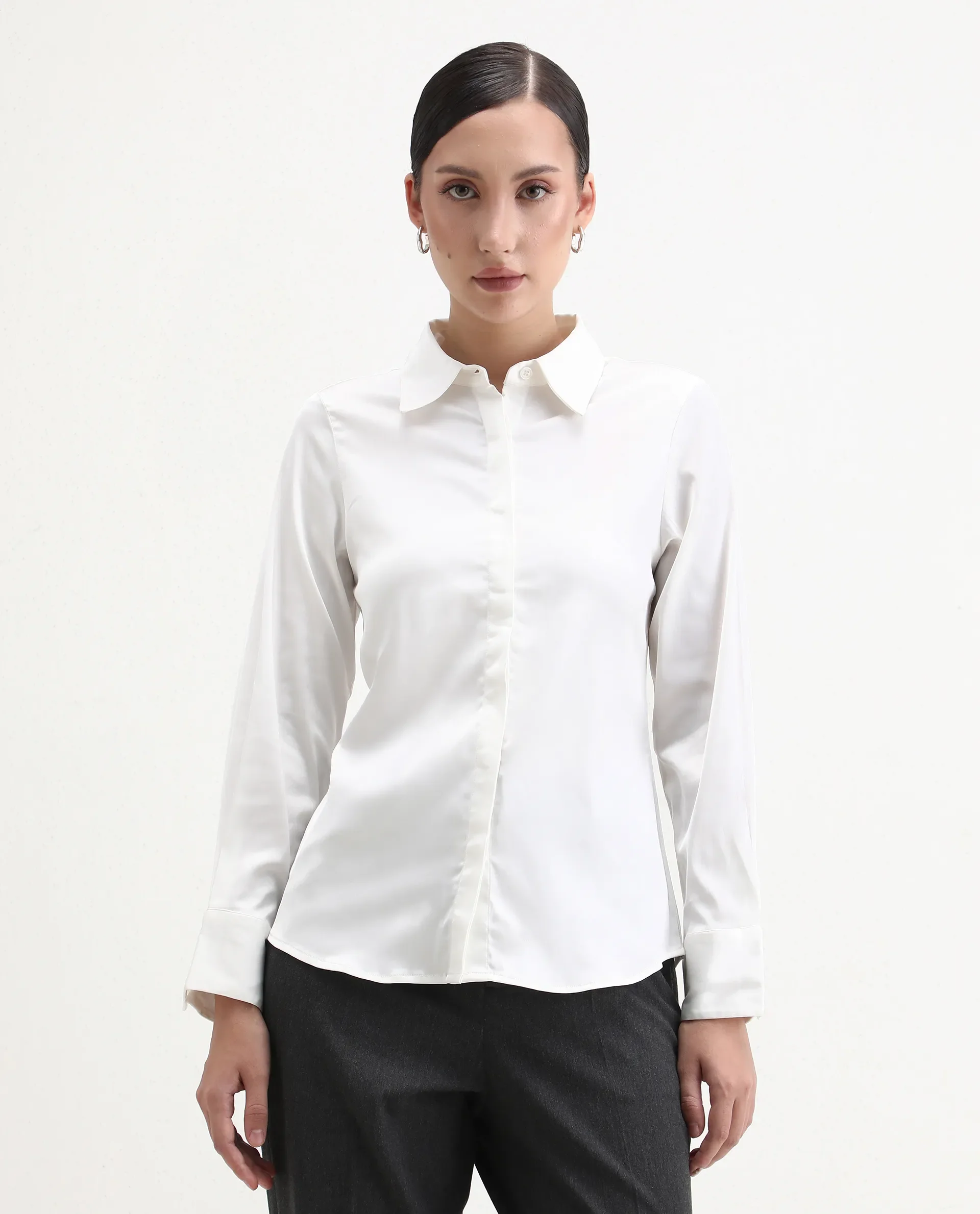 Rareism Women's Haipe White Polyester Spread Collar Plain Cuffed Sleeve Regular Fit Top - Image 5