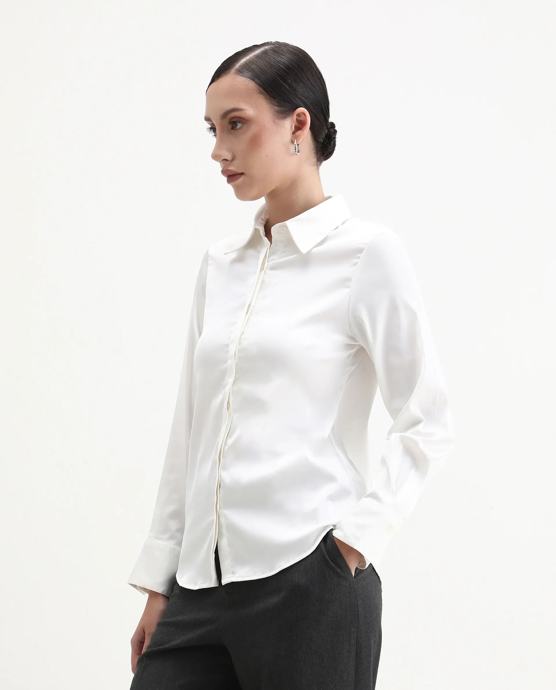 Rareism Women's Haipe White Polyester Spread Collar Plain Cuffed Sleeve Regular Fit Top - Image 6