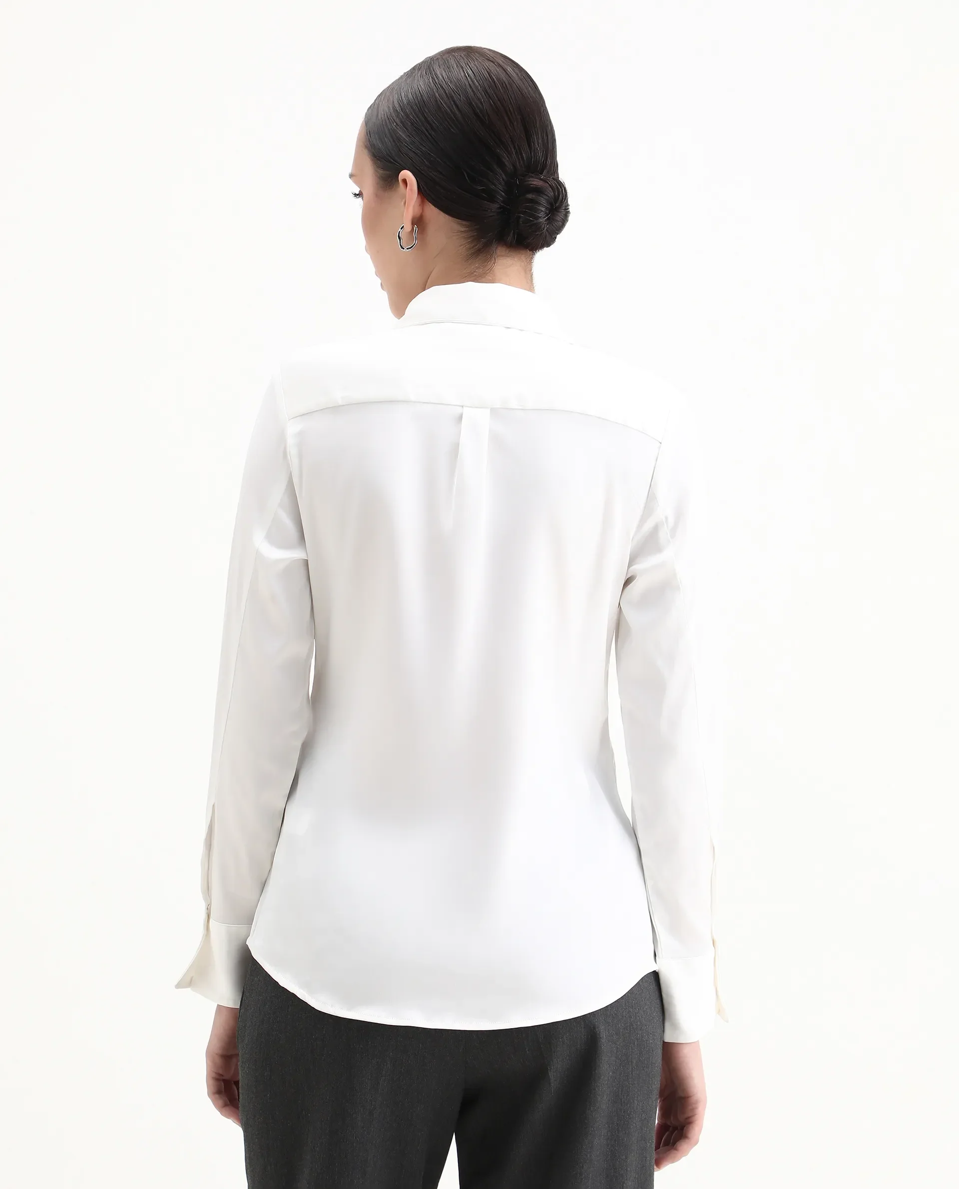 Rareism Women's Haipe White Polyester Spread Collar Plain Cuffed Sleeve Regular Fit Top - Image 7