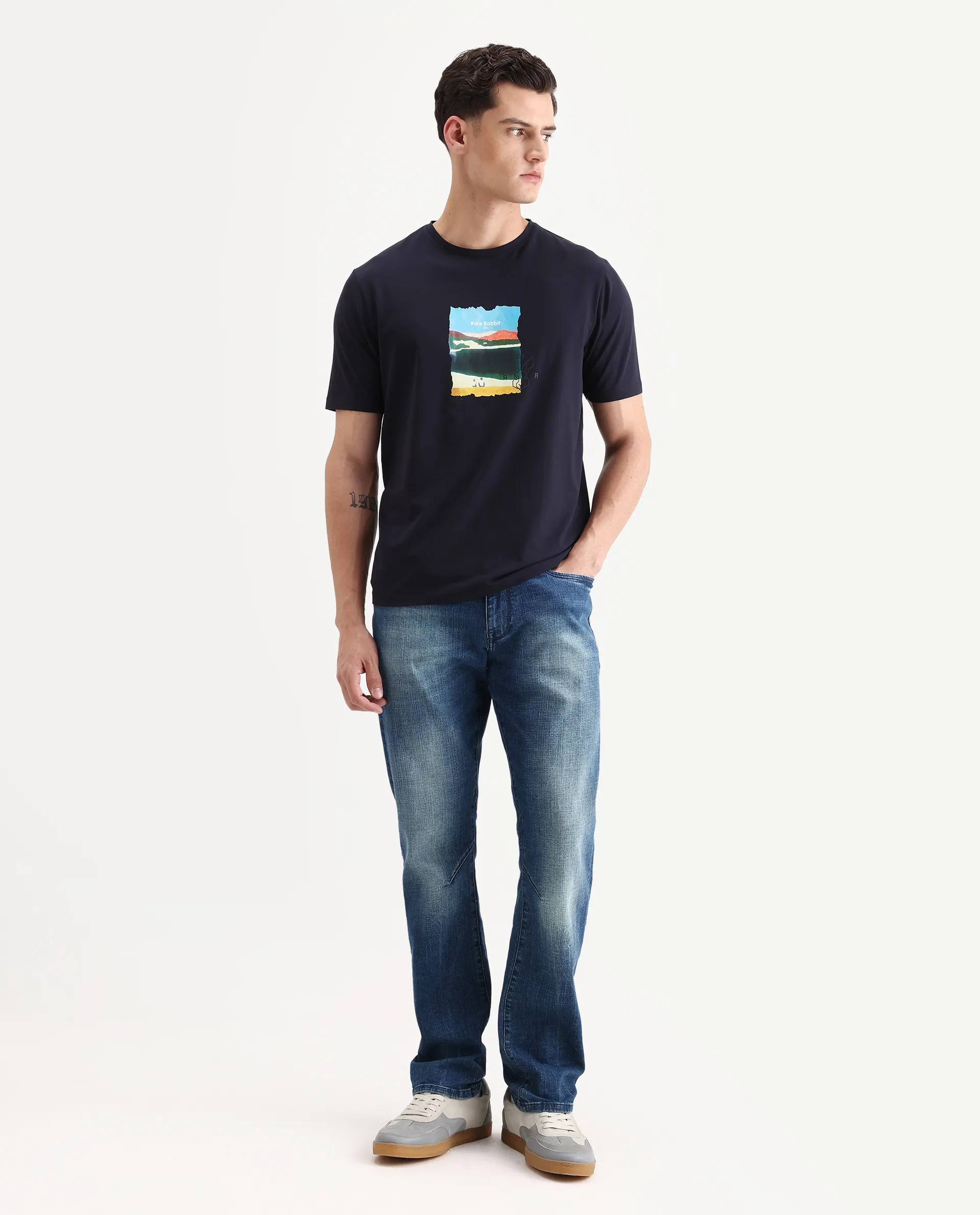 Rare Rabbit Men's Hale Navy Cotton Blend Graphic Print Regular Fit Half Sleeve Crew Neck T-Shirt - Image 2