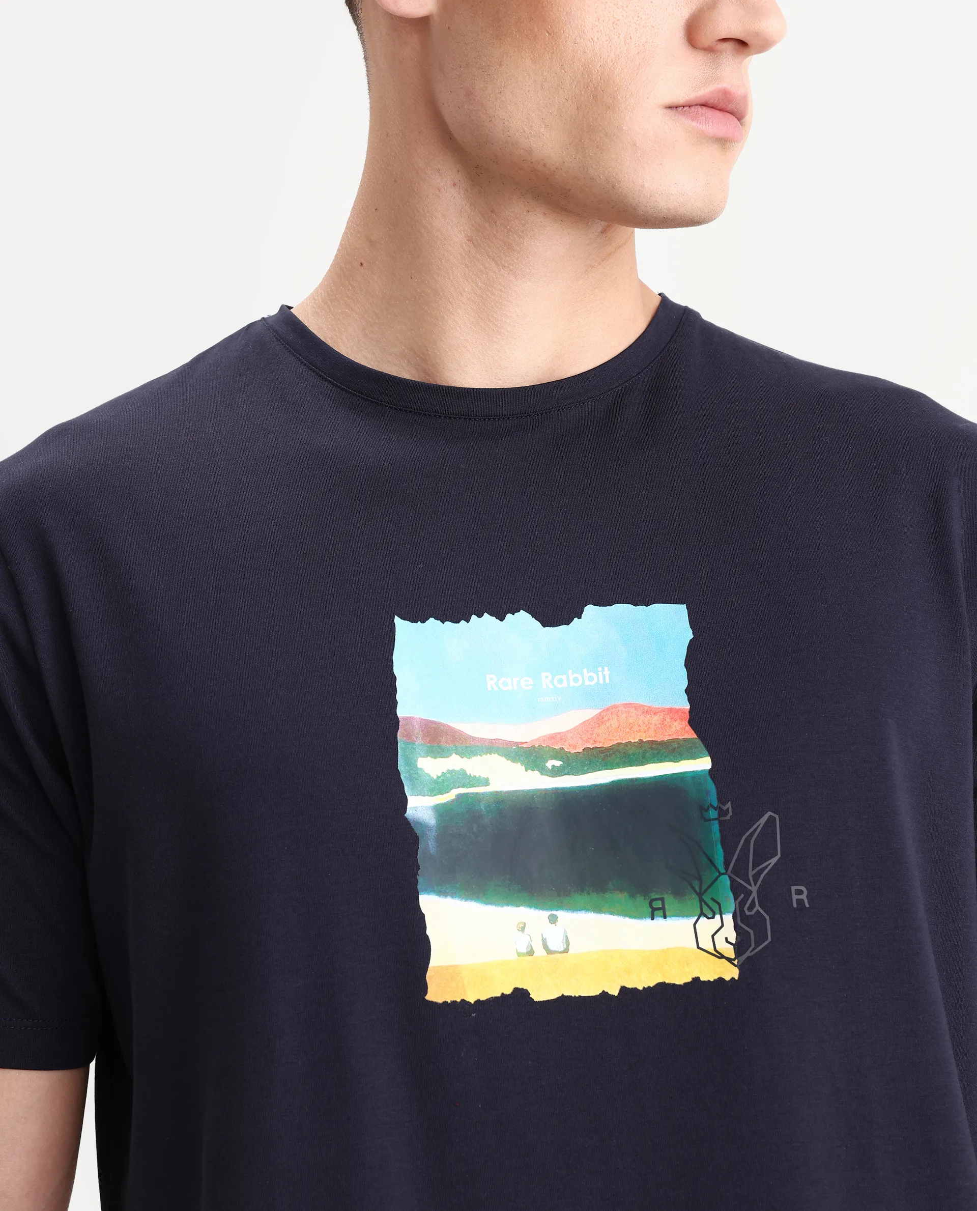 Rare Rabbit Men's Hale Navy Cotton Blend Graphic Print Regular Fit Half Sleeve Crew Neck T-Shirt - Image 3
