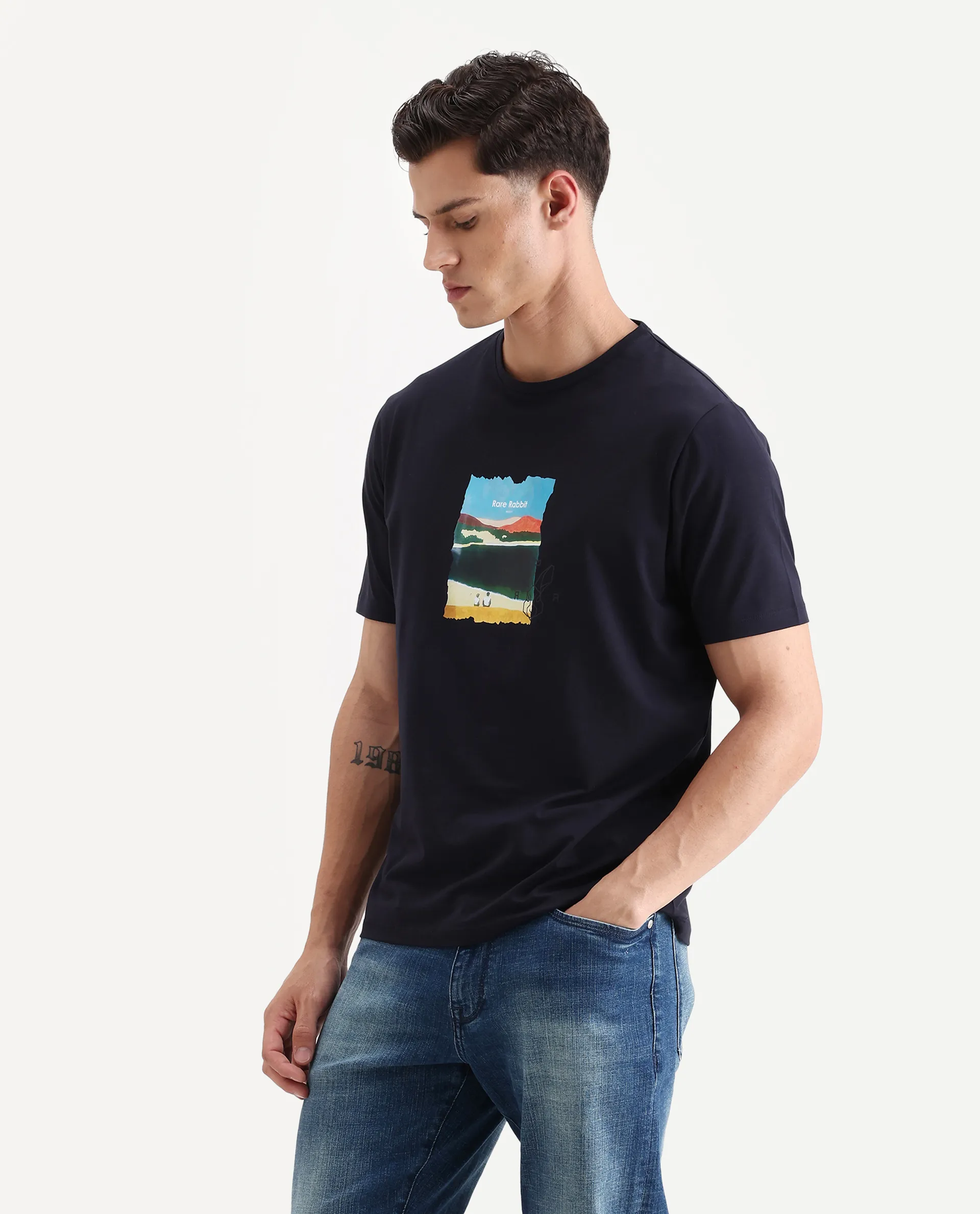 Rare Rabbit Men's Hale Navy Cotton Blend Graphic Print Regular Fit Half Sleeve Crew Neck T-Shirt - Image 4