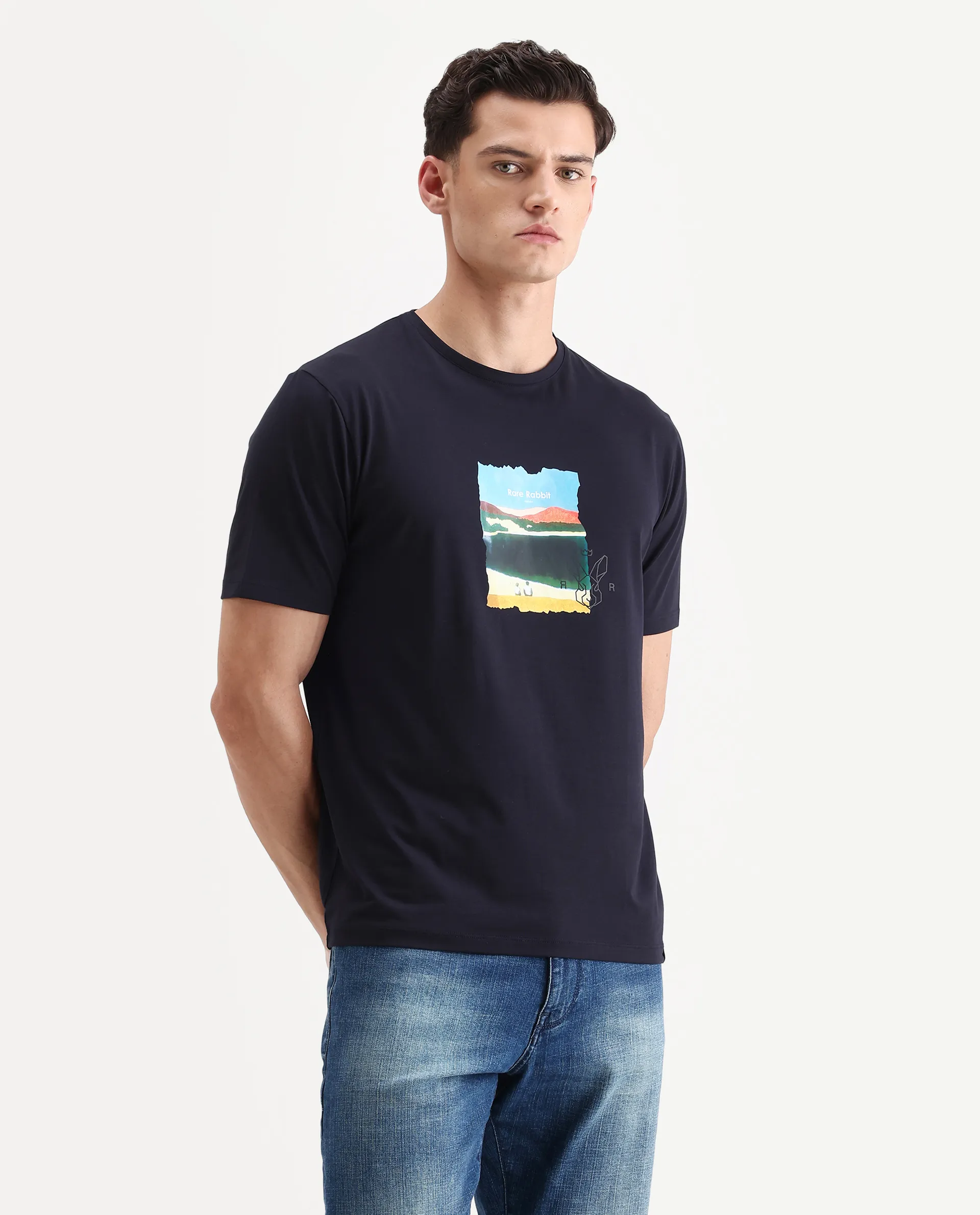 Rare Rabbit Men's Hale Navy Cotton Blend Graphic Print Regular Fit Half Sleeve Crew Neck T-Shirt - Image 5