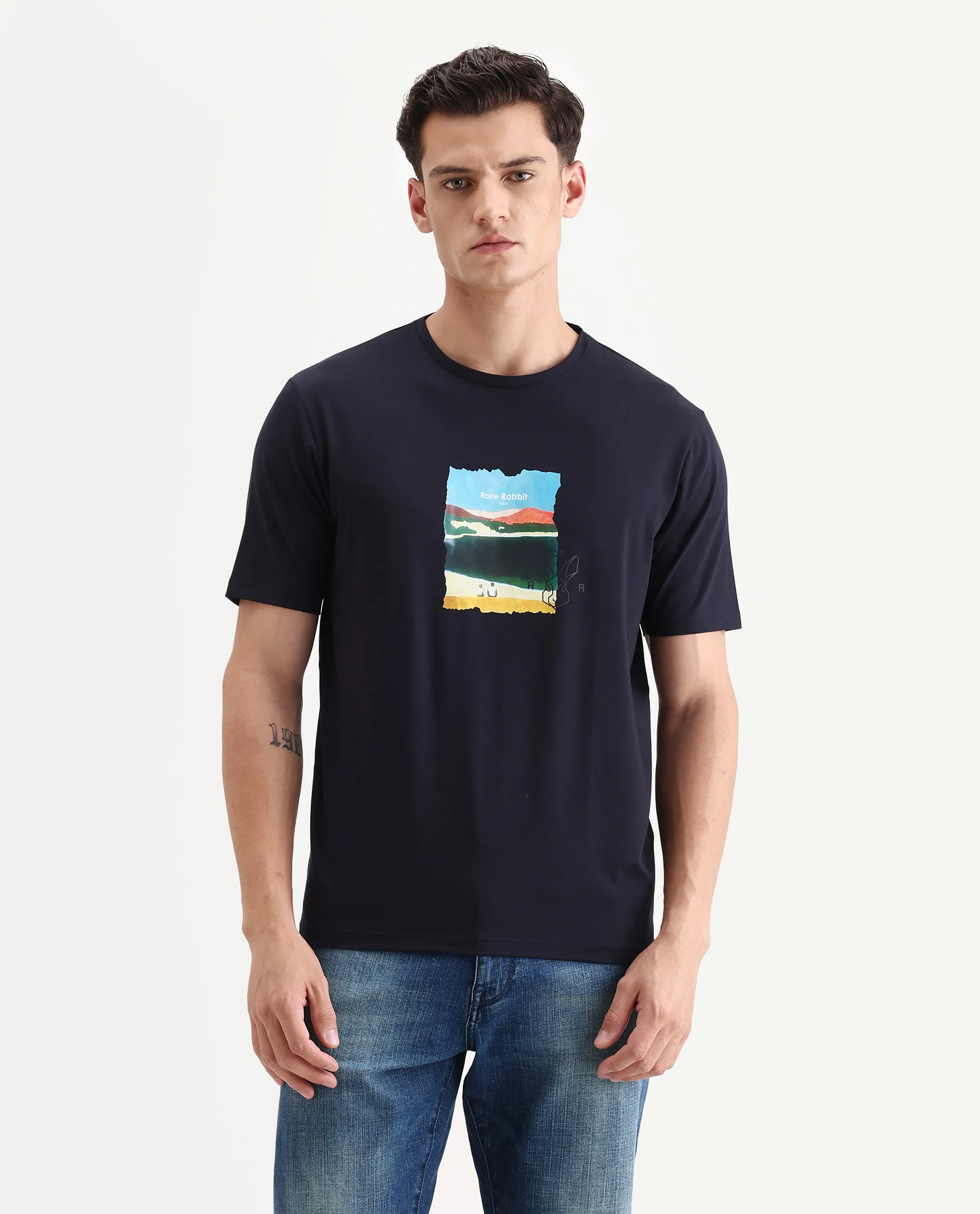 Rare Rabbit Men's Hale Navy Cotton Blend Graphic Print Regular Fit Half Sleeve Crew Neck T-Shirt - Image 6