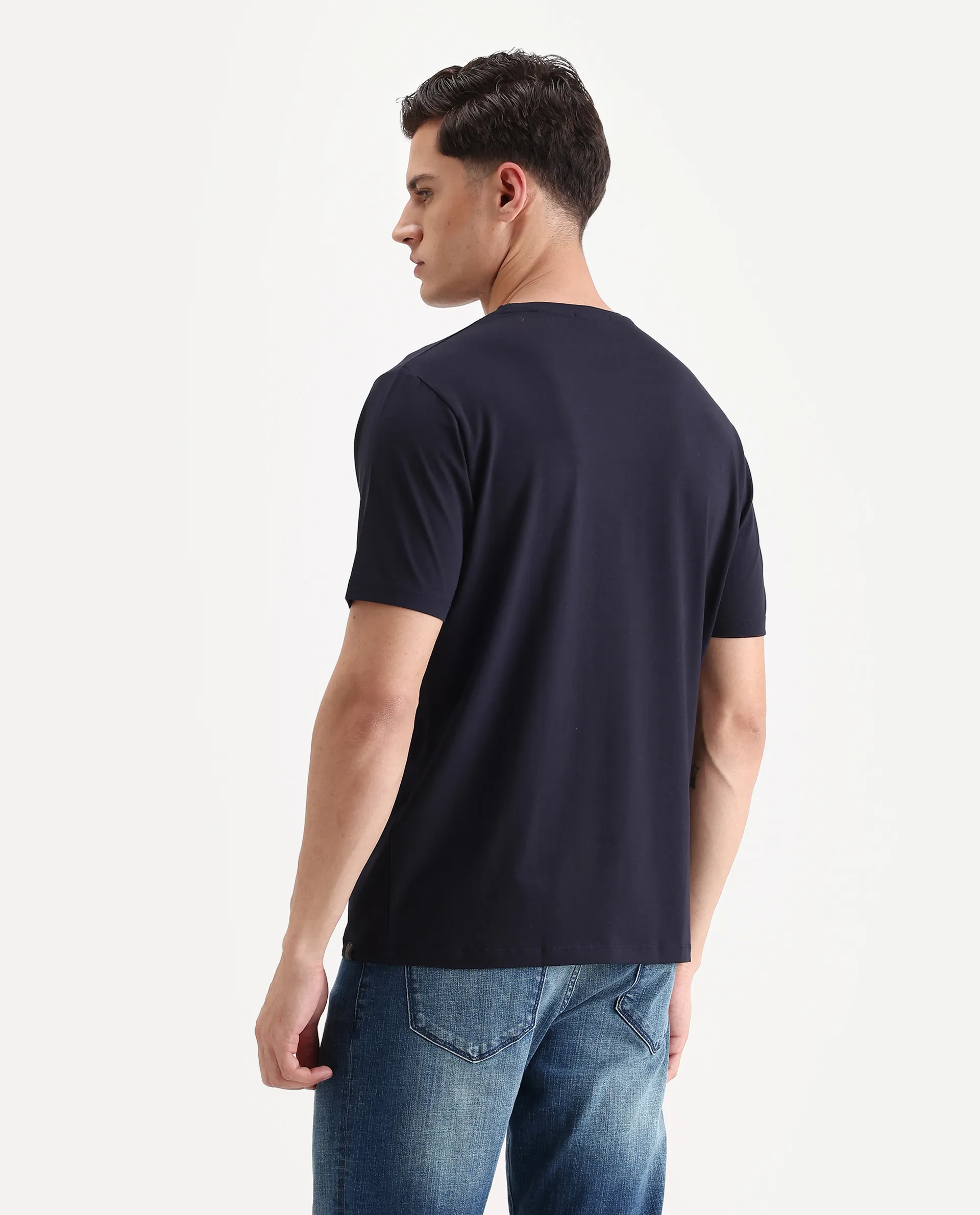 Rare Rabbit Men's Hale Navy Cotton Blend Graphic Print Regular Fit Half Sleeve Crew Neck T-Shirt - Image 7