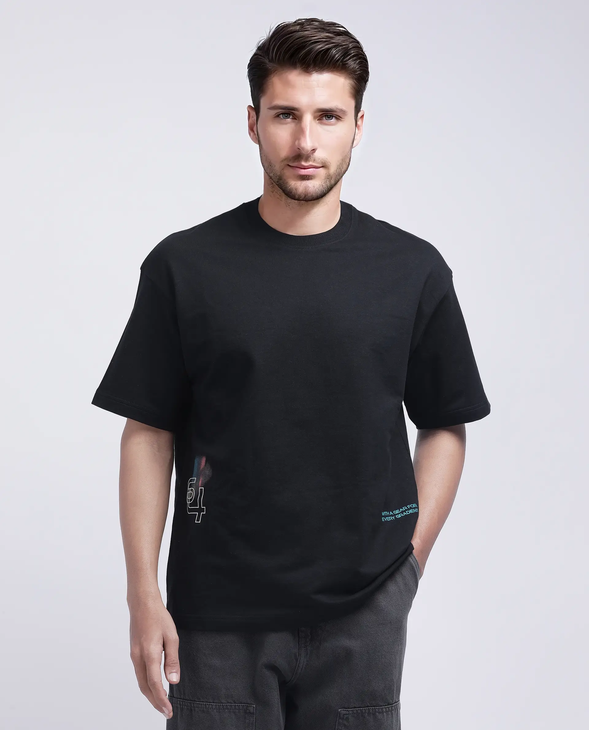 Rare Rabbit Men's Halen Black Cotton Graphic Print Oversized Fit Half Sleeve Crew Neck T-Shirt - Image 4