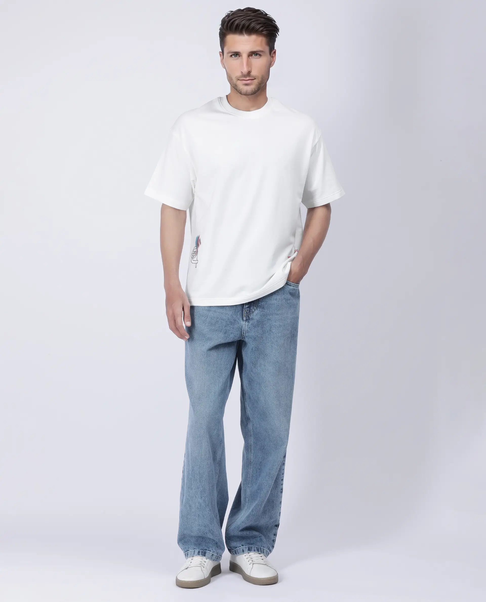 Rare Rabbit Men's Halen Off White Cotton Graphic Print Oversized Fit Half Sleeve Crew Neck T-Shirt - Image 2
