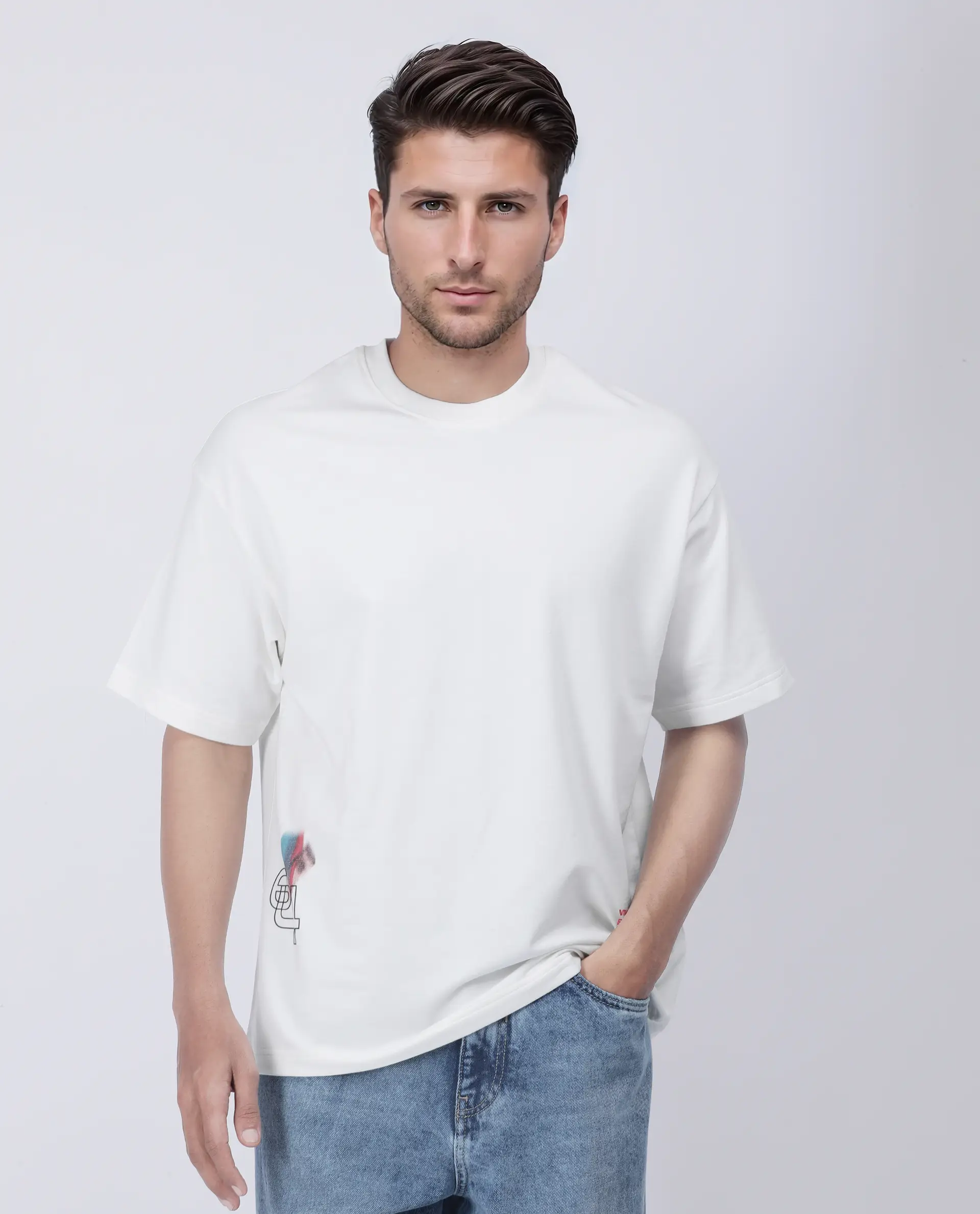 Rare Rabbit Men's Halen Off White Cotton Graphic Print Oversized Fit Half Sleeve Crew Neck T-Shirt - Image 3