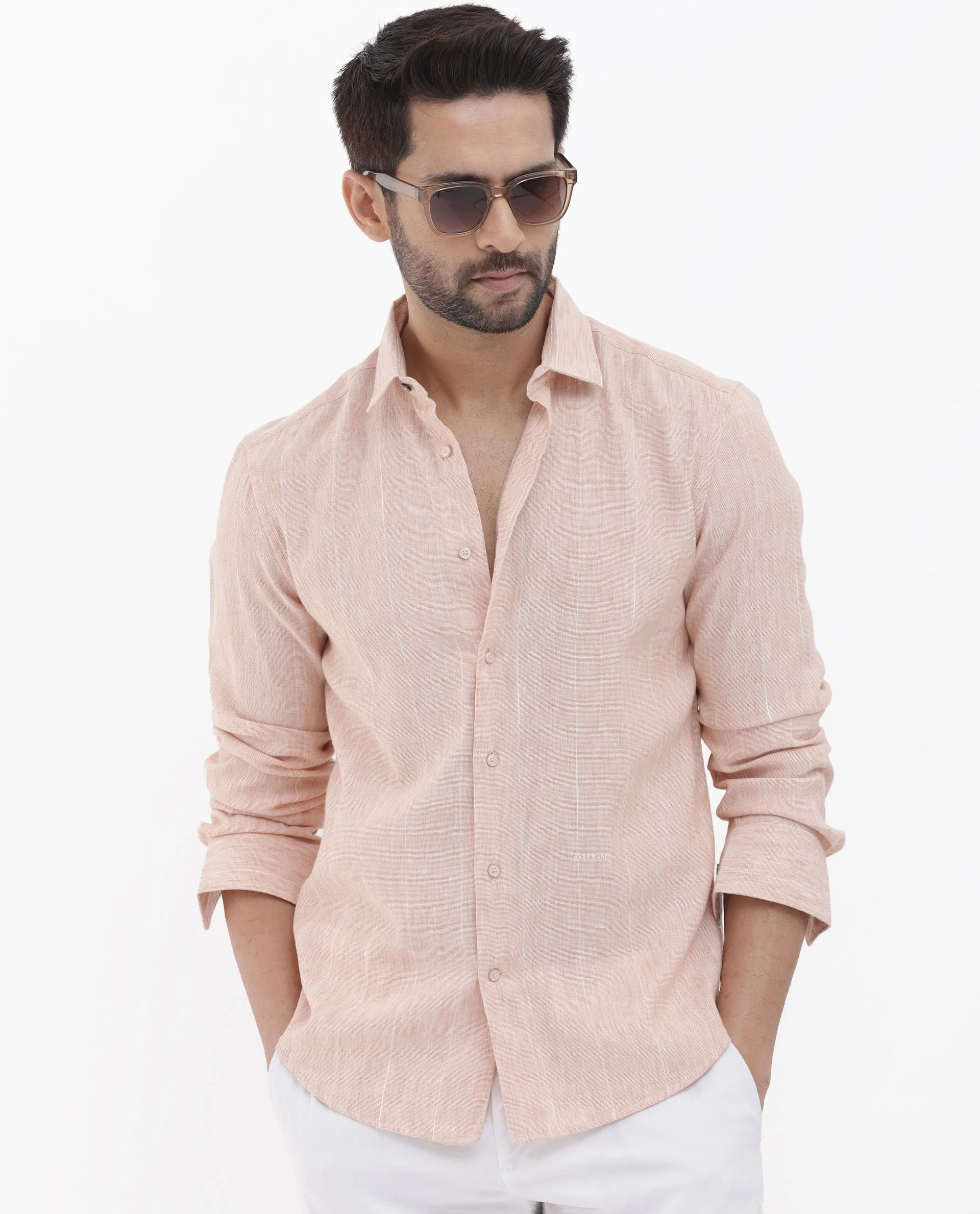 Rare Rabbit Men's Halk Peach Cotton Striped Print Regular Fit Full Sleeve Collared Shirt