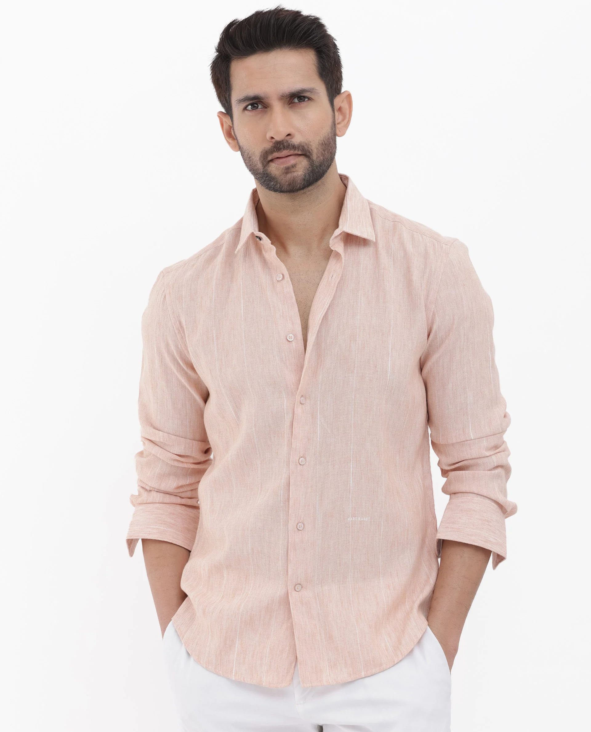 Rare Rabbit Men's Halk Peach Cotton Striped Print Regular Fit Full Sleeve Collared Shirt - Image 3