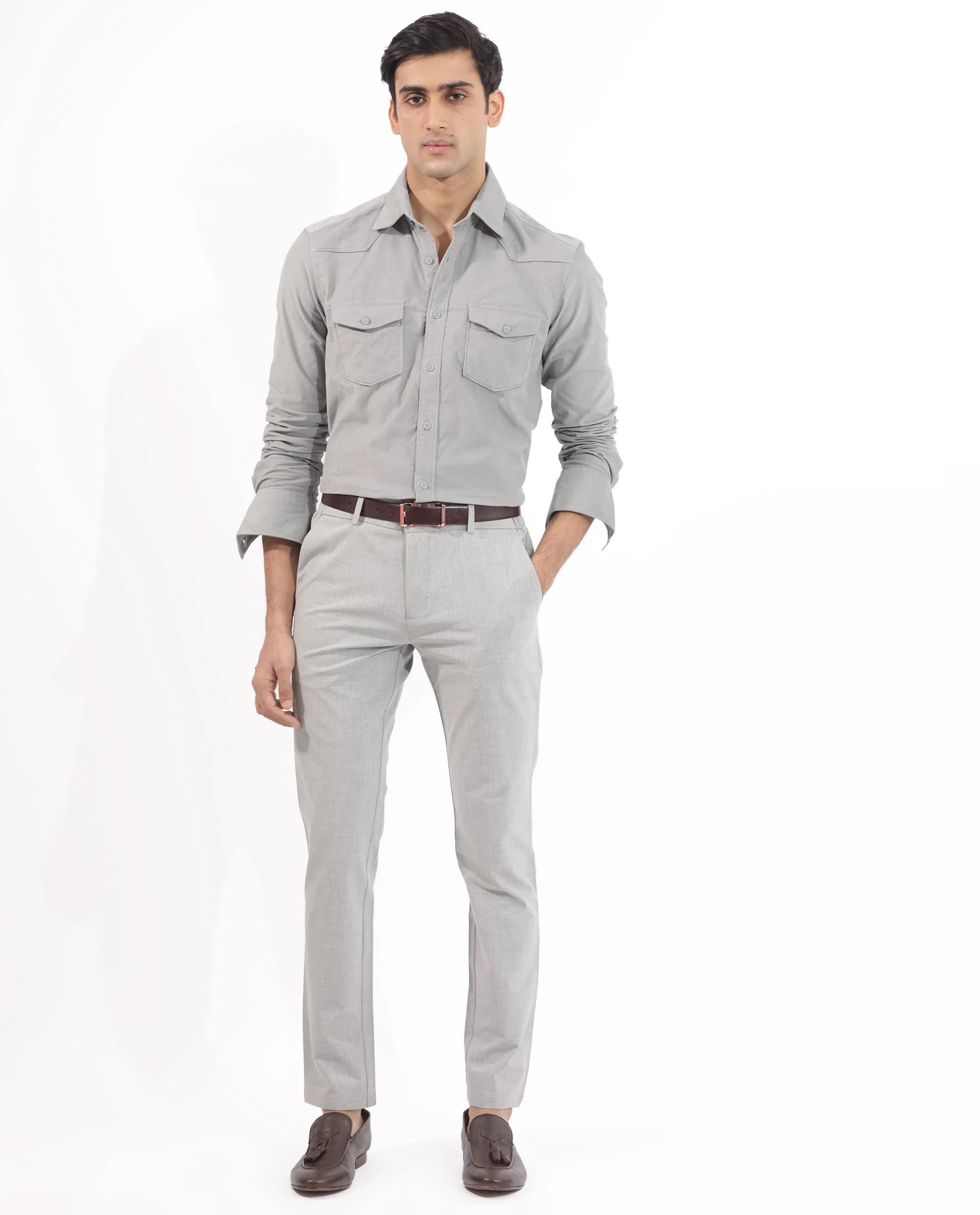 Rare Rabbit Men's Halle Grey Plain Regular Fit Full Sleeve Collared Shirt - Image 2