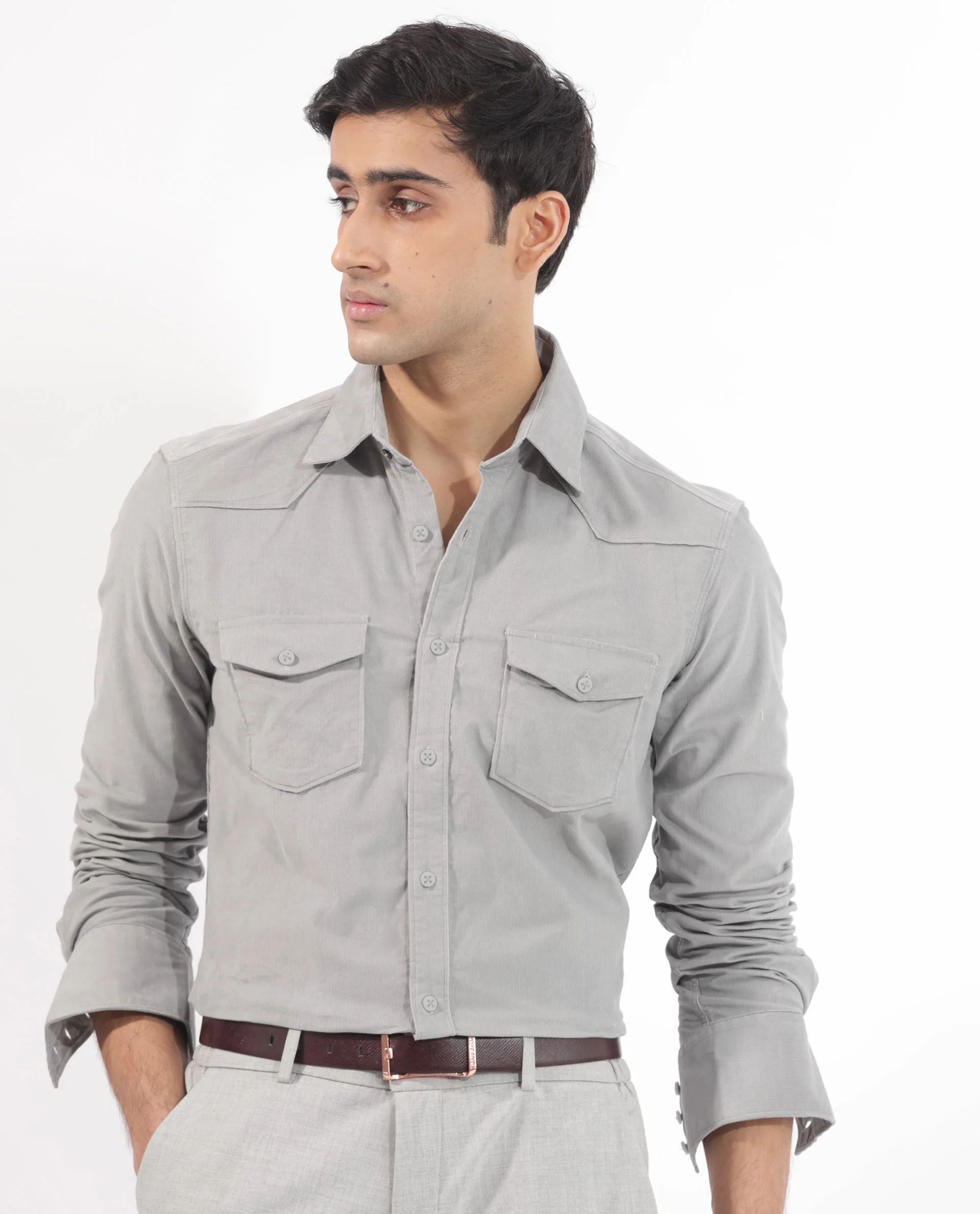 Rare Rabbit Men's Halle Grey Plain Regular Fit Full Sleeve Collared Shirt - Image 4