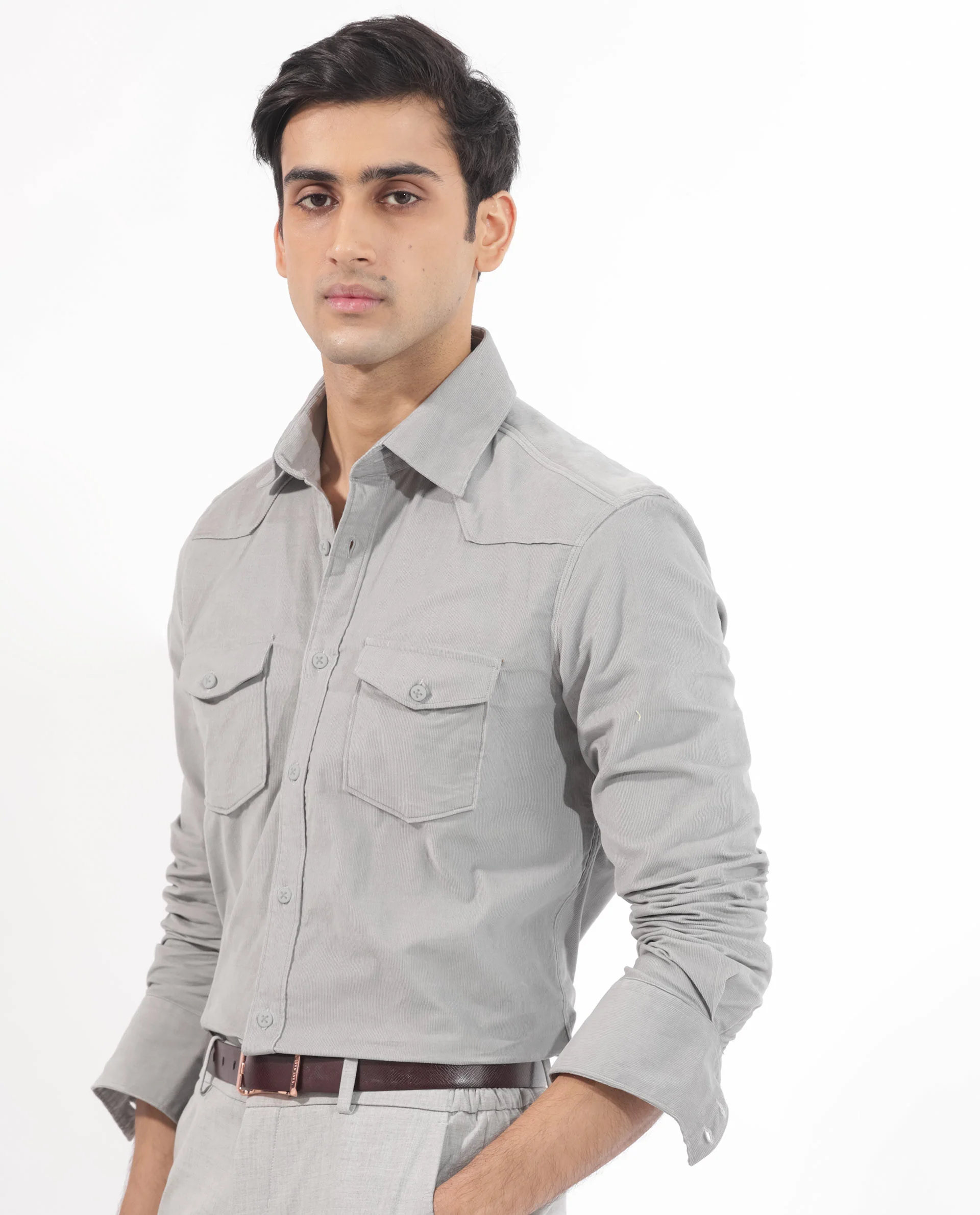 Rare Rabbit Men's Halle Grey Plain Regular Fit Full Sleeve Collared Shirt - Image 6