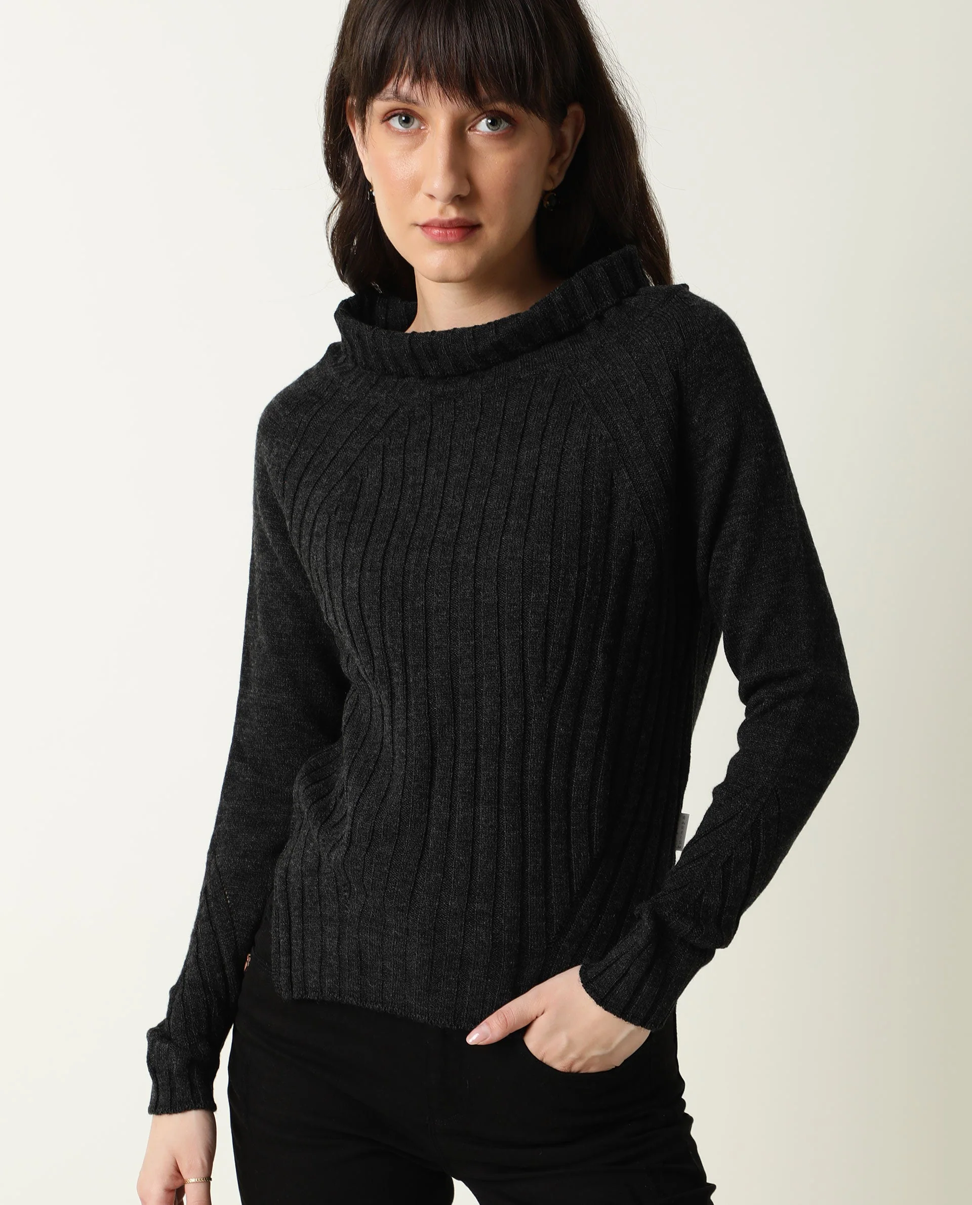 Rareism Women's Halo Black Acrylic High Neck Plain Regular Fit Sweater