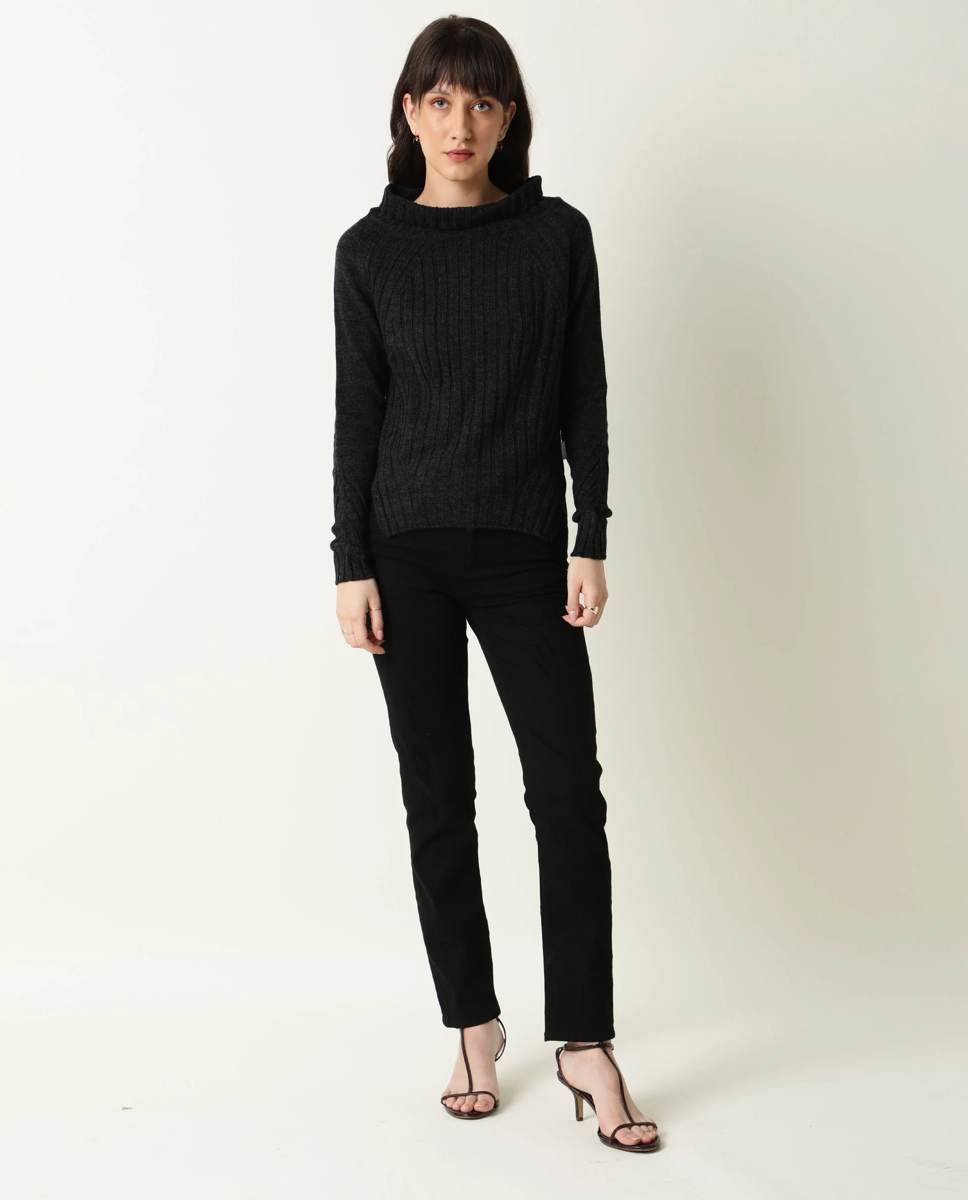 Rareism Women's Halo Black Acrylic High Neck Plain Regular Fit Sweater - Image 2