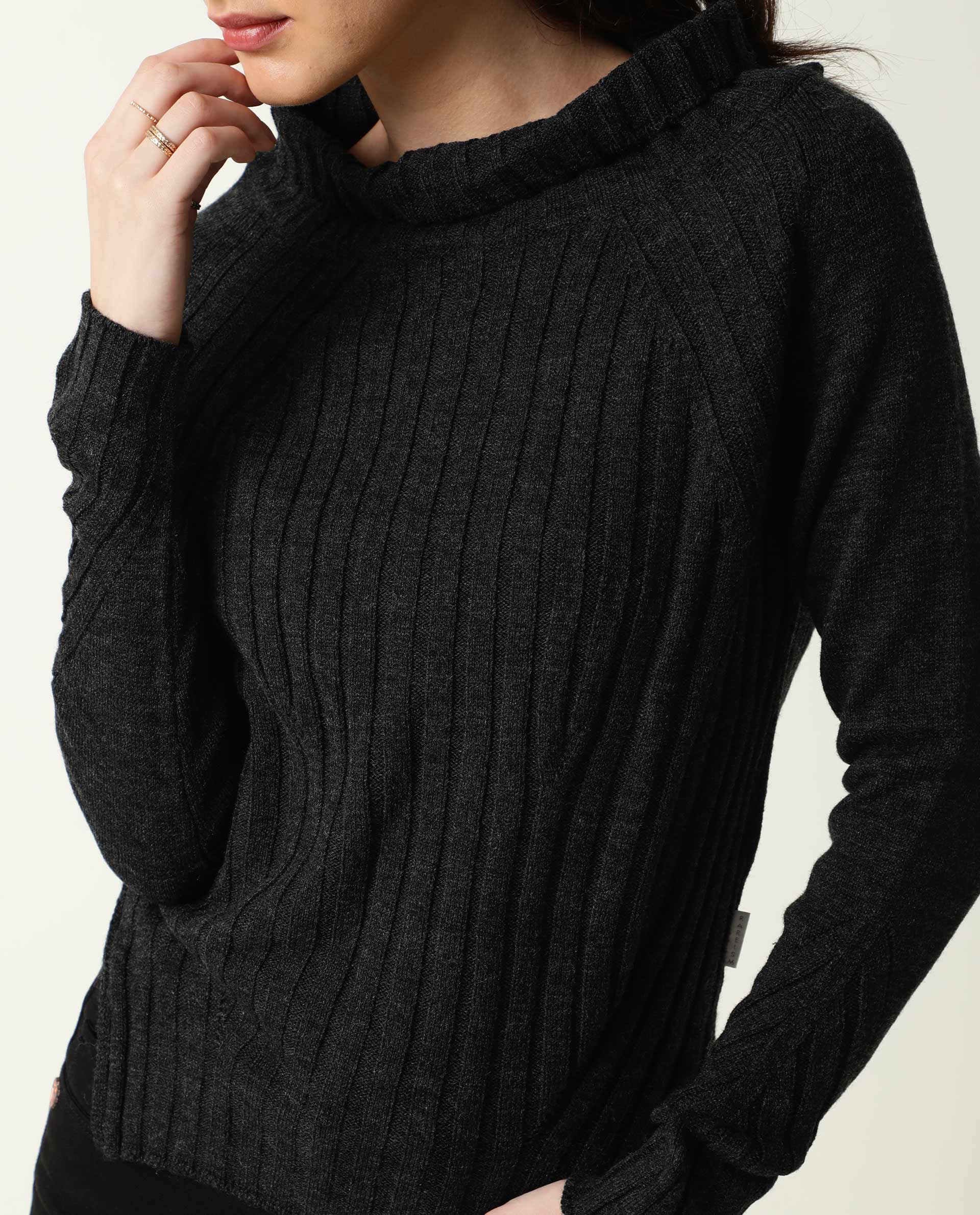 Rareism Women's Halo Black Acrylic High Neck Plain Regular Fit Sweater - Image 3