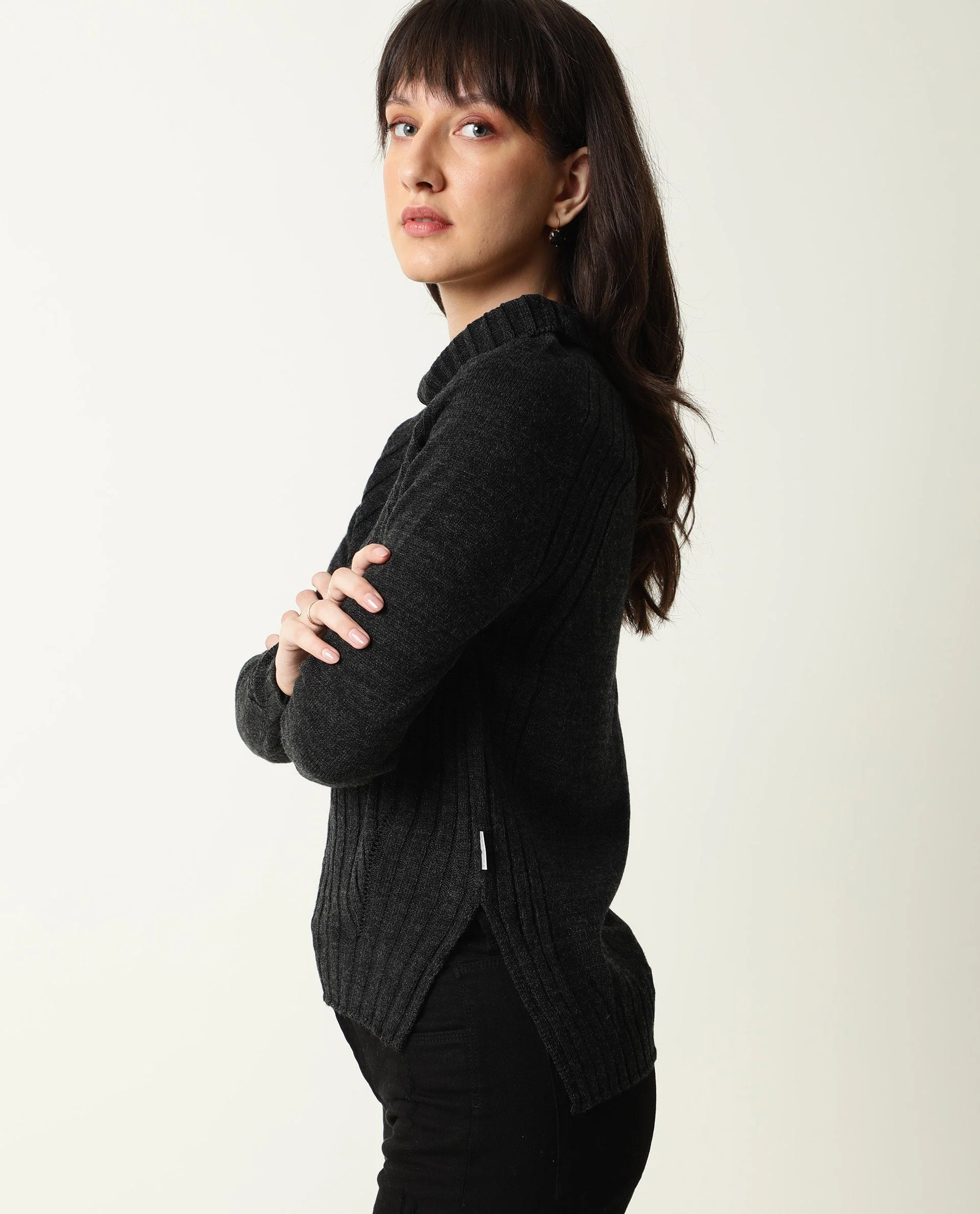 Rareism Women's Halo Black Acrylic High Neck Plain Regular Fit Sweater - Image 4