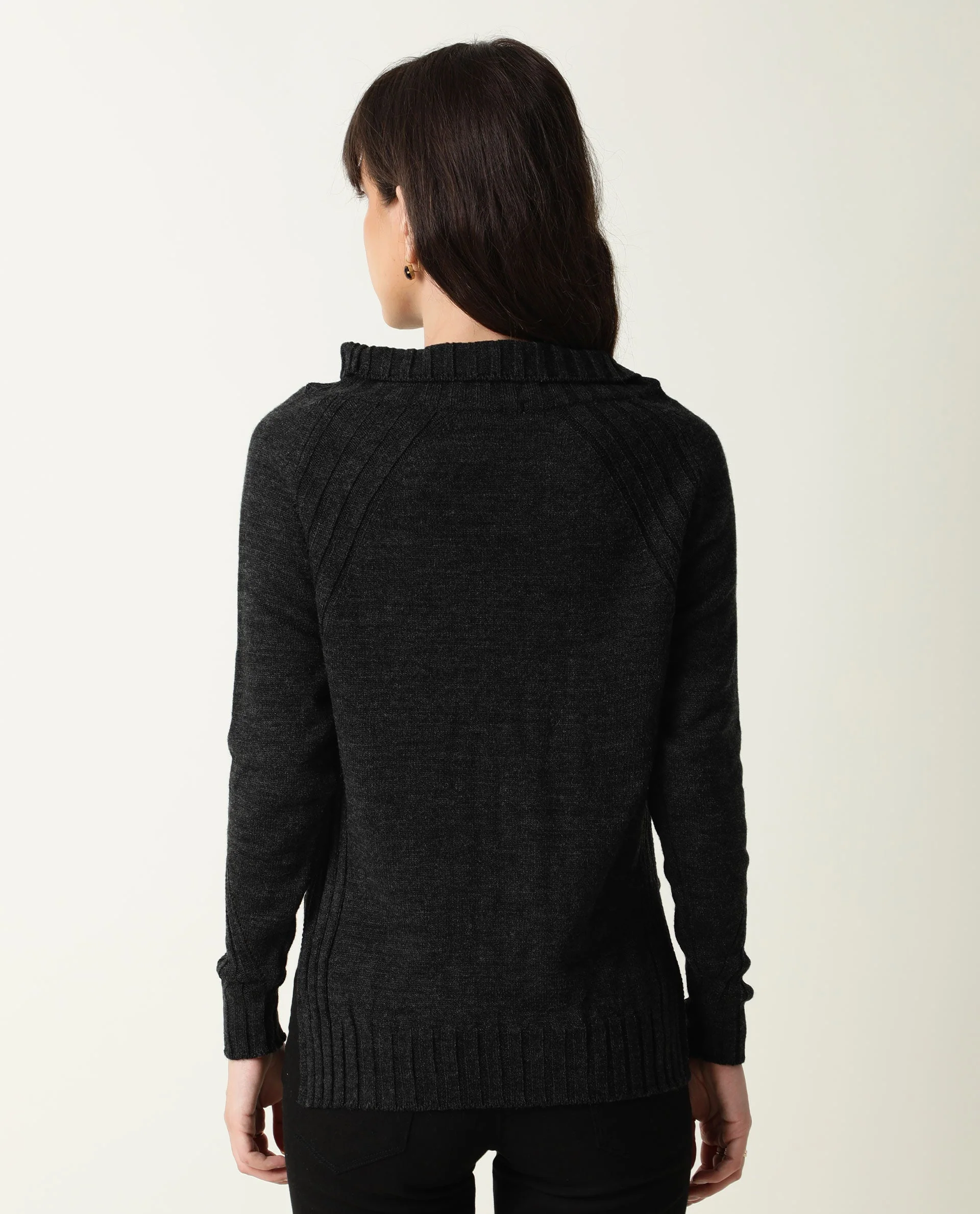 Rareism Women's Halo Black Acrylic High Neck Plain Regular Fit Sweater - Image 5