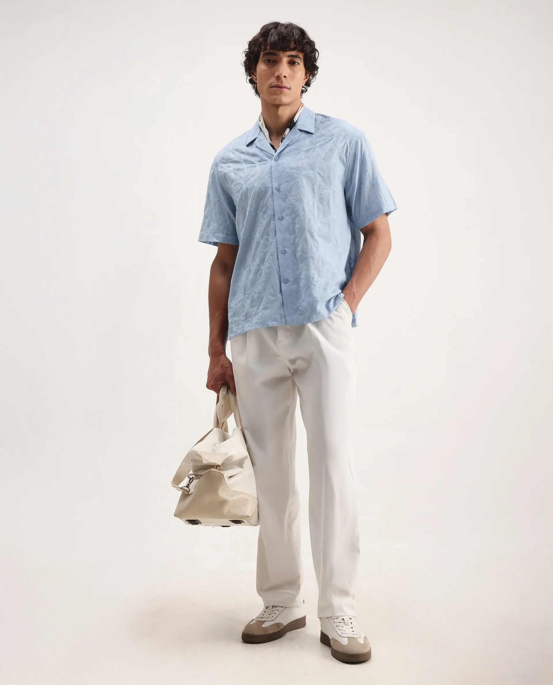 Rare Rabbit Men's Halo Light Blue Cotton Embroidered Boxy Fit Half Sleeve Cuban Collar Shirt - Image 2