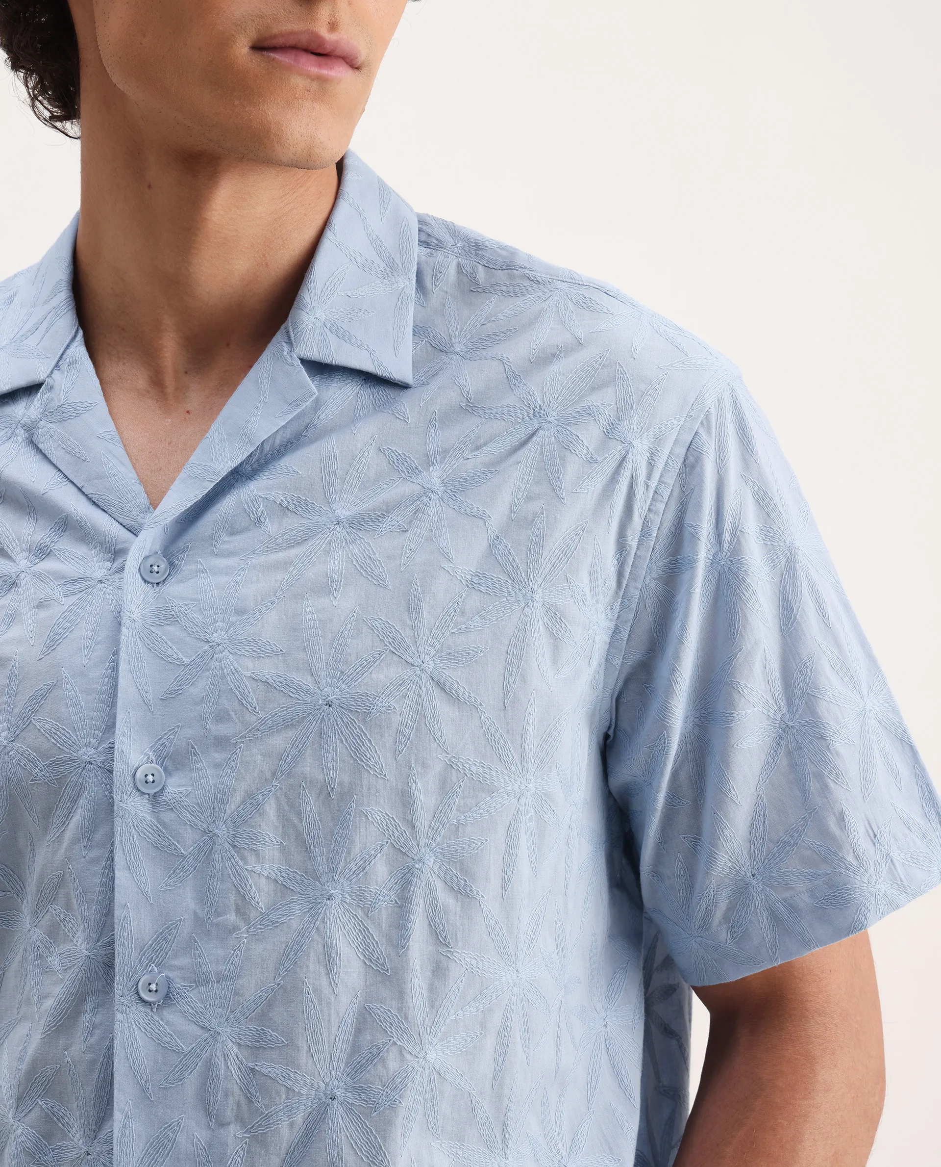 Rare Rabbit Men's Halo Light Blue Cotton Embroidered Boxy Fit Half Sleeve Cuban Collar Shirt - Image 3
