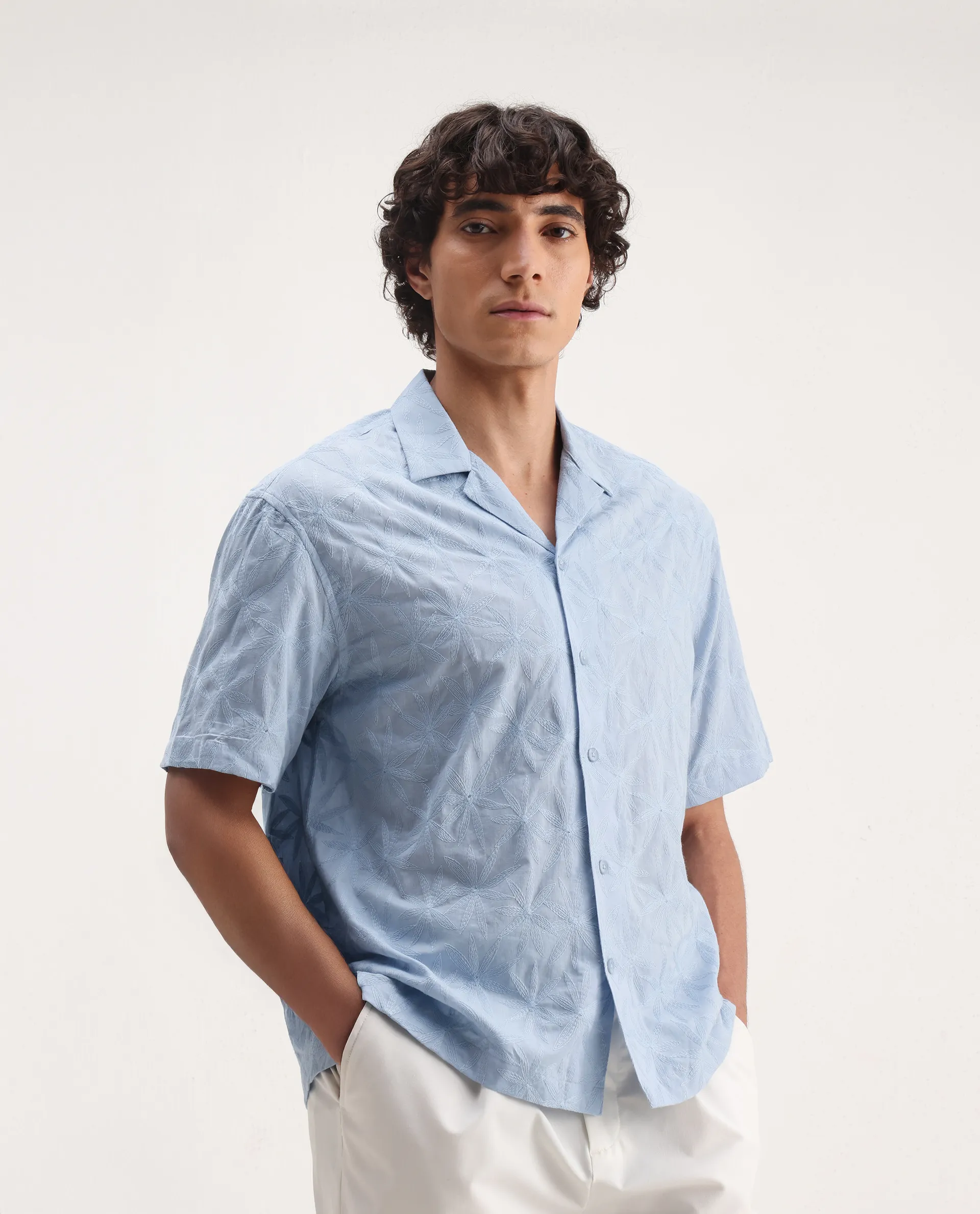 Rare Rabbit Men's Halo Light Blue Cotton Embroidered Boxy Fit Half Sleeve Cuban Collar Shirt - Image 4
