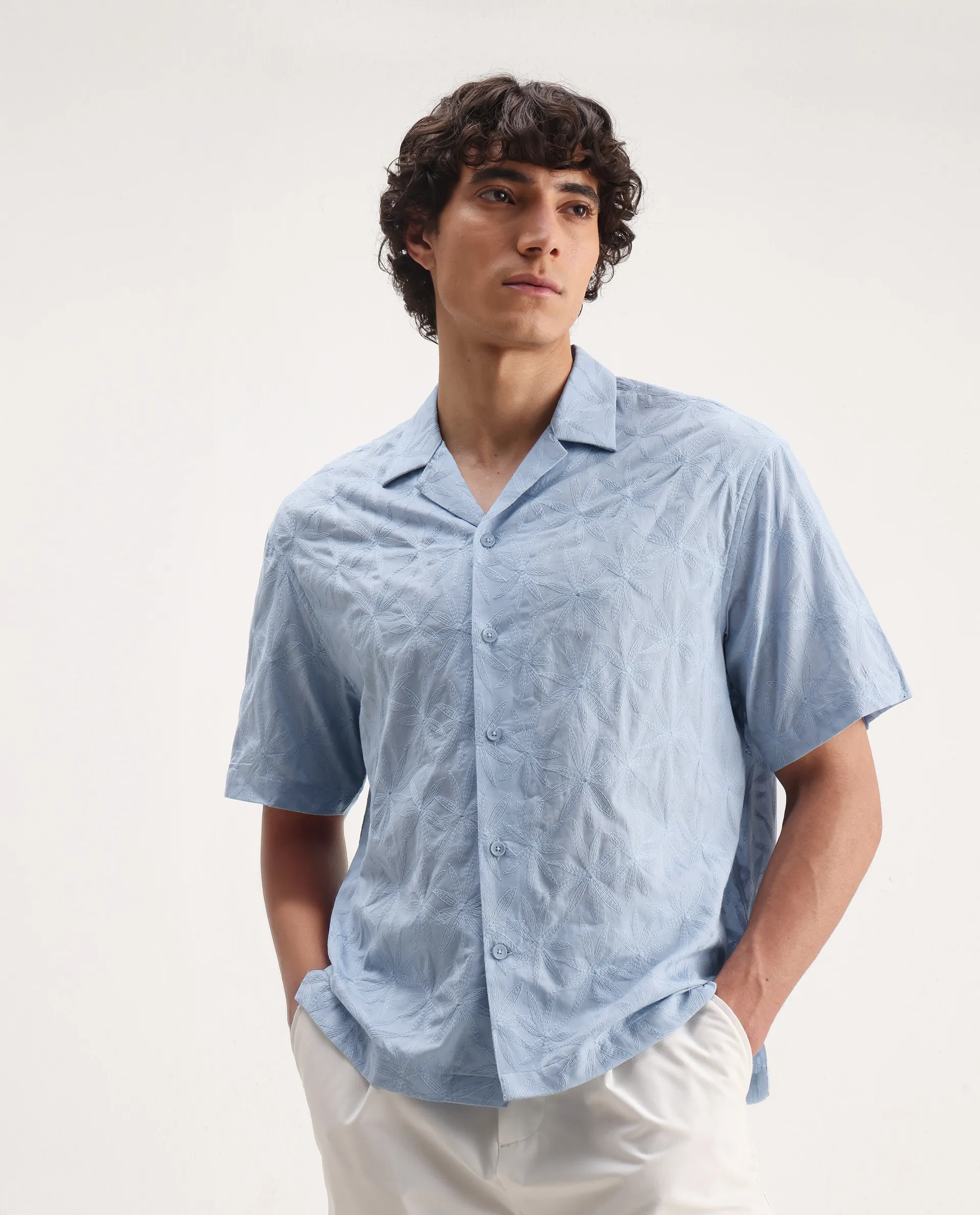 Rare Rabbit Men's Halo Light Blue Cotton Embroidered Boxy Fit Half Sleeve Cuban Collar Shirt - Image 5