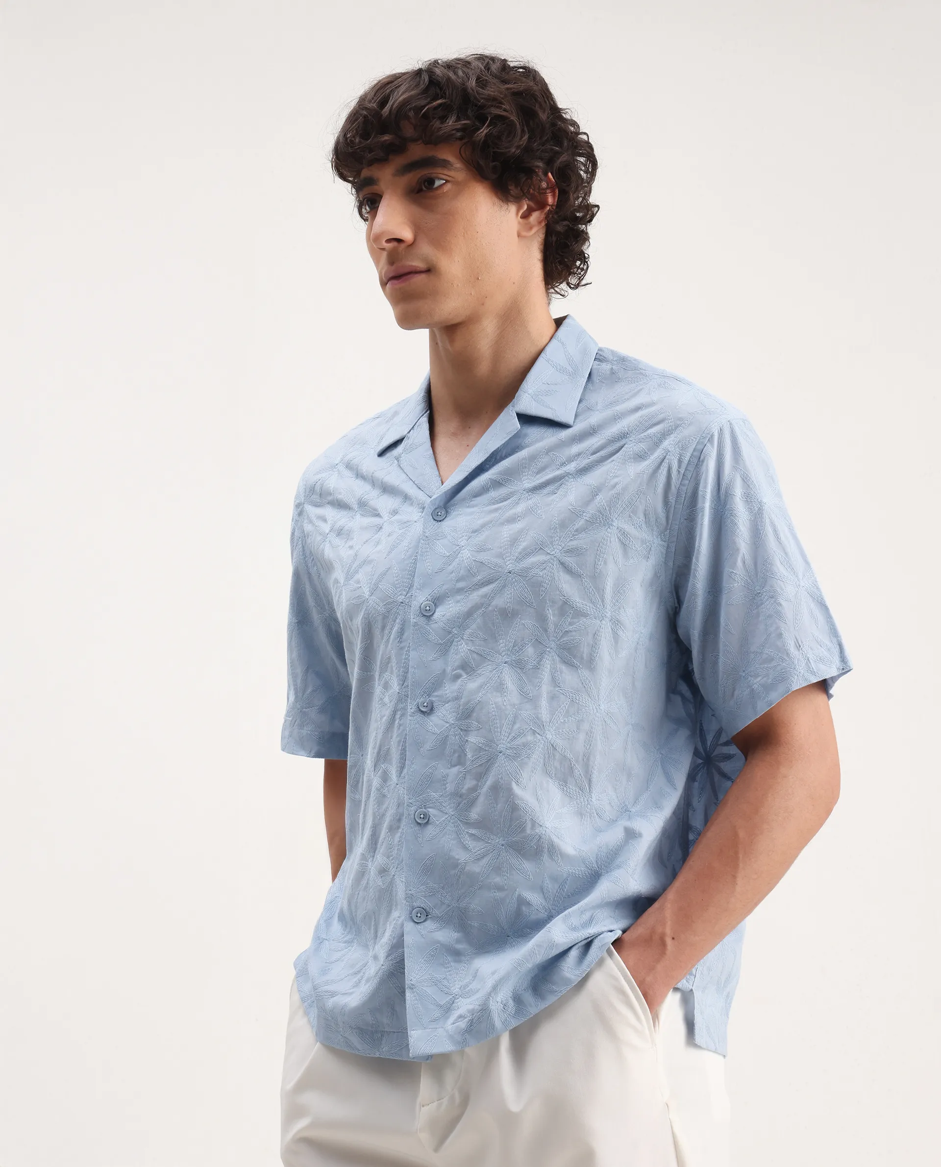 Rare Rabbit Men's Halo Light Blue Cotton Embroidered Boxy Fit Half Sleeve Cuban Collar Shirt - Image 6