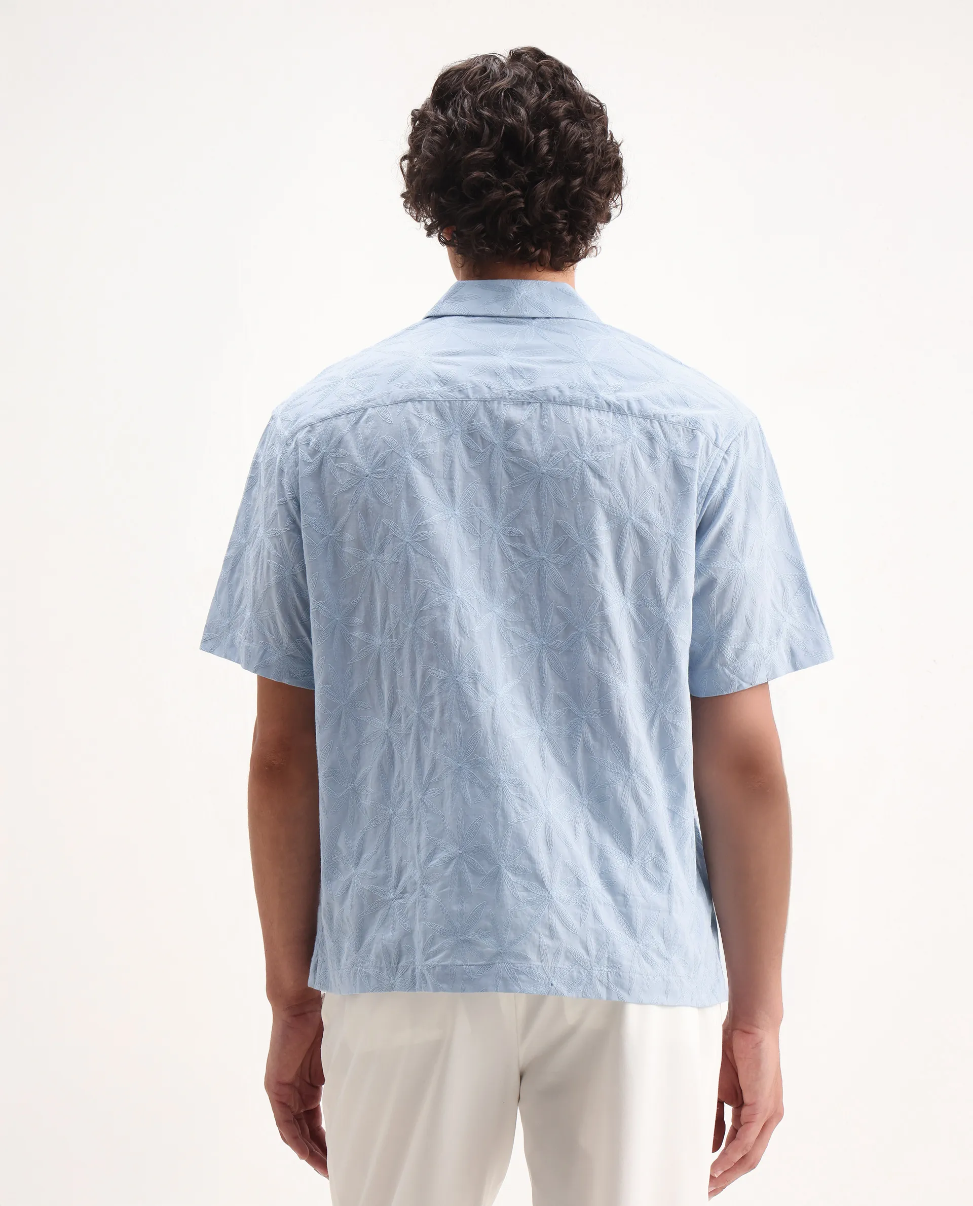 Rare Rabbit Men's Halo Light Blue Cotton Embroidered Boxy Fit Half Sleeve Cuban Collar Shirt - Image 7
