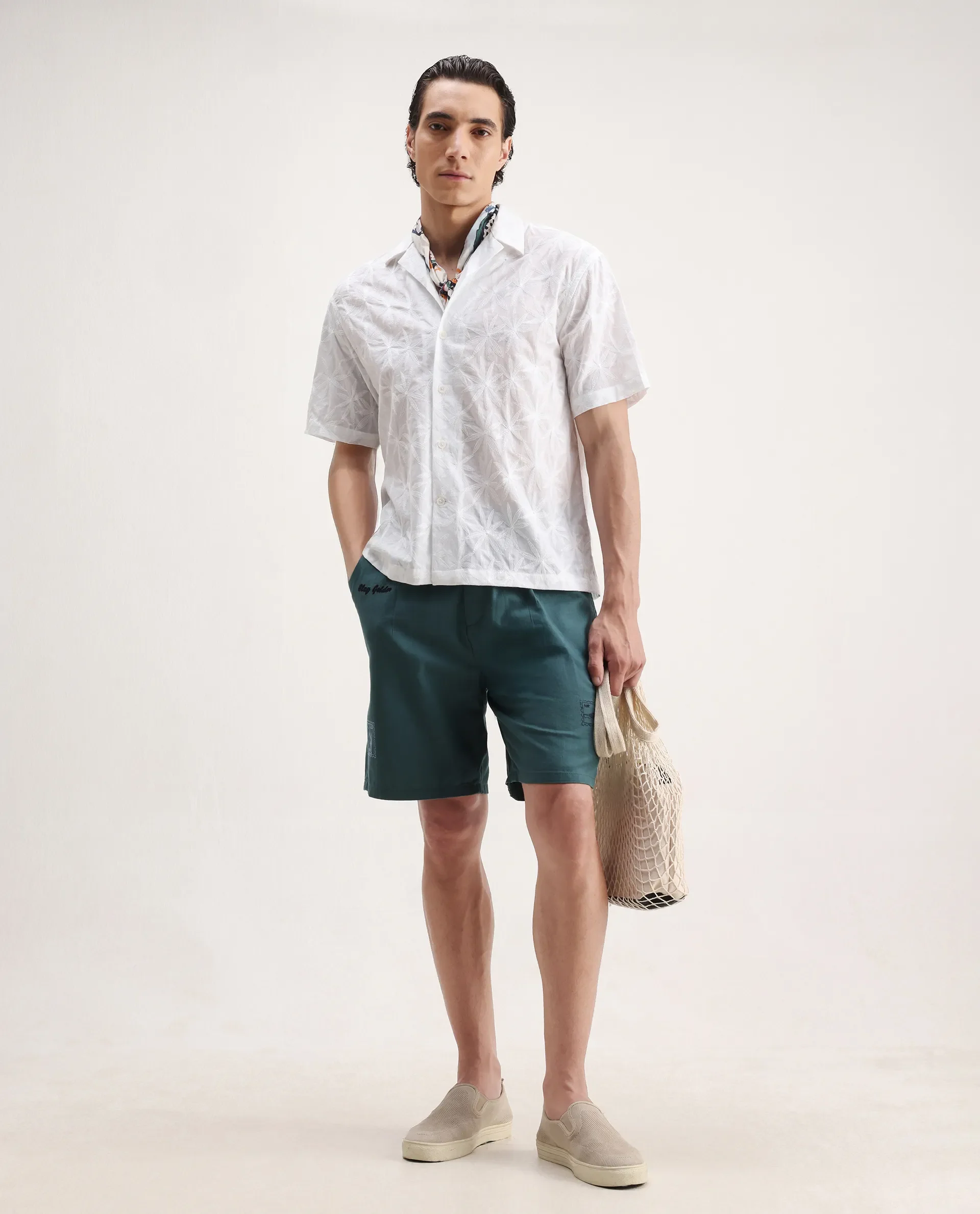 Rare Rabbit Men's Halo White Cotton Embroidered Boxy Fit Half Sleeve Cuban Collar Shirt - Image 2