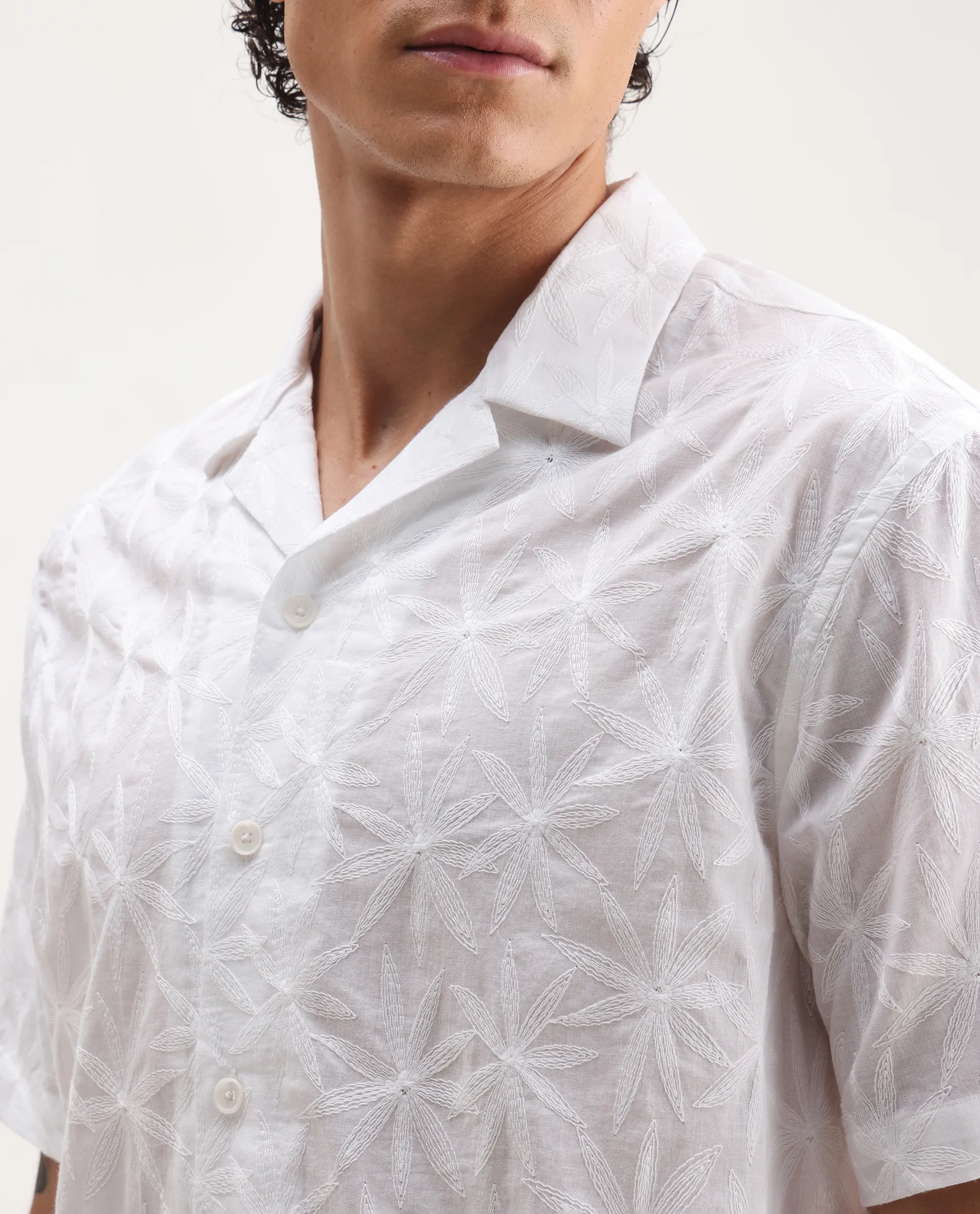 Rare Rabbit Men's Halo White Cotton Embroidered Boxy Fit Half Sleeve Cuban Collar Shirt - Image 3