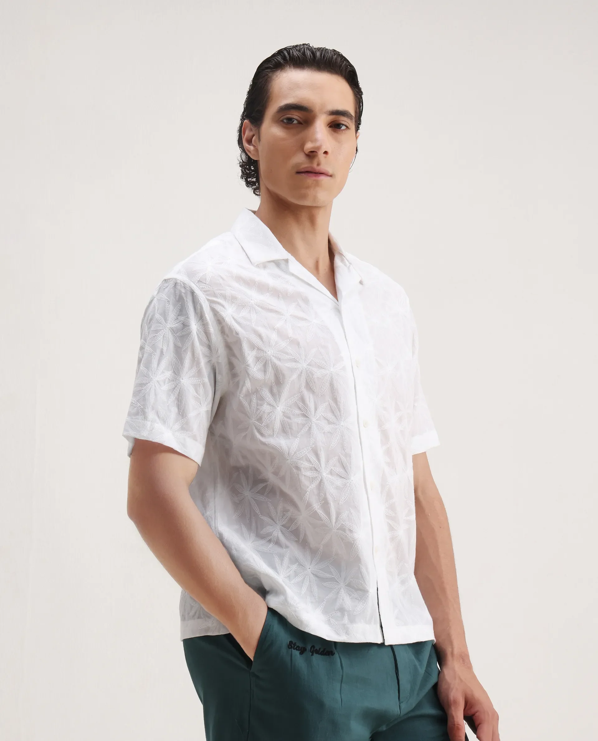 Rare Rabbit Men's Halo White Cotton Embroidered Boxy Fit Half Sleeve Cuban Collar Shirt - Image 4