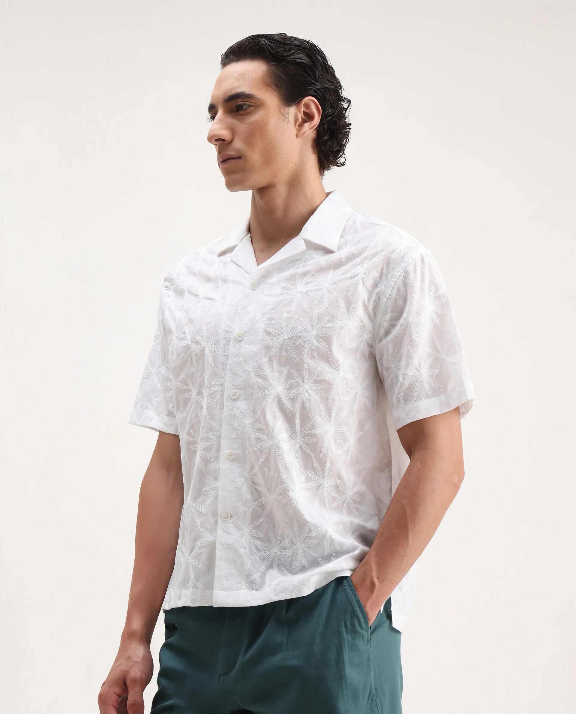 Rare Rabbit Men's Halo White Cotton Embroidered Boxy Fit Half Sleeve Cuban Collar Shirt - Image 5