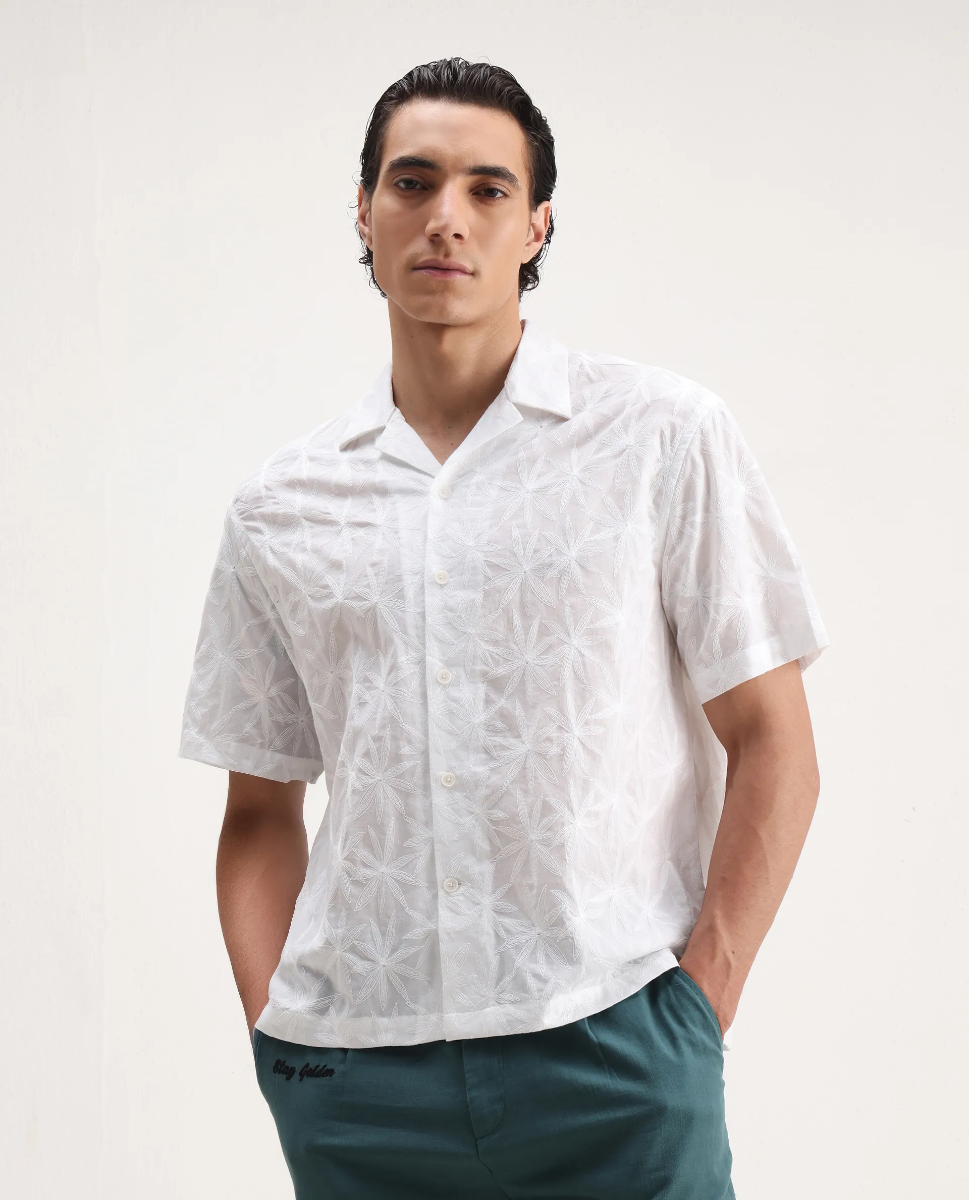 Rare Rabbit Men's Halo White Cotton Embroidered Boxy Fit Half Sleeve Cuban Collar Shirt - Image 6