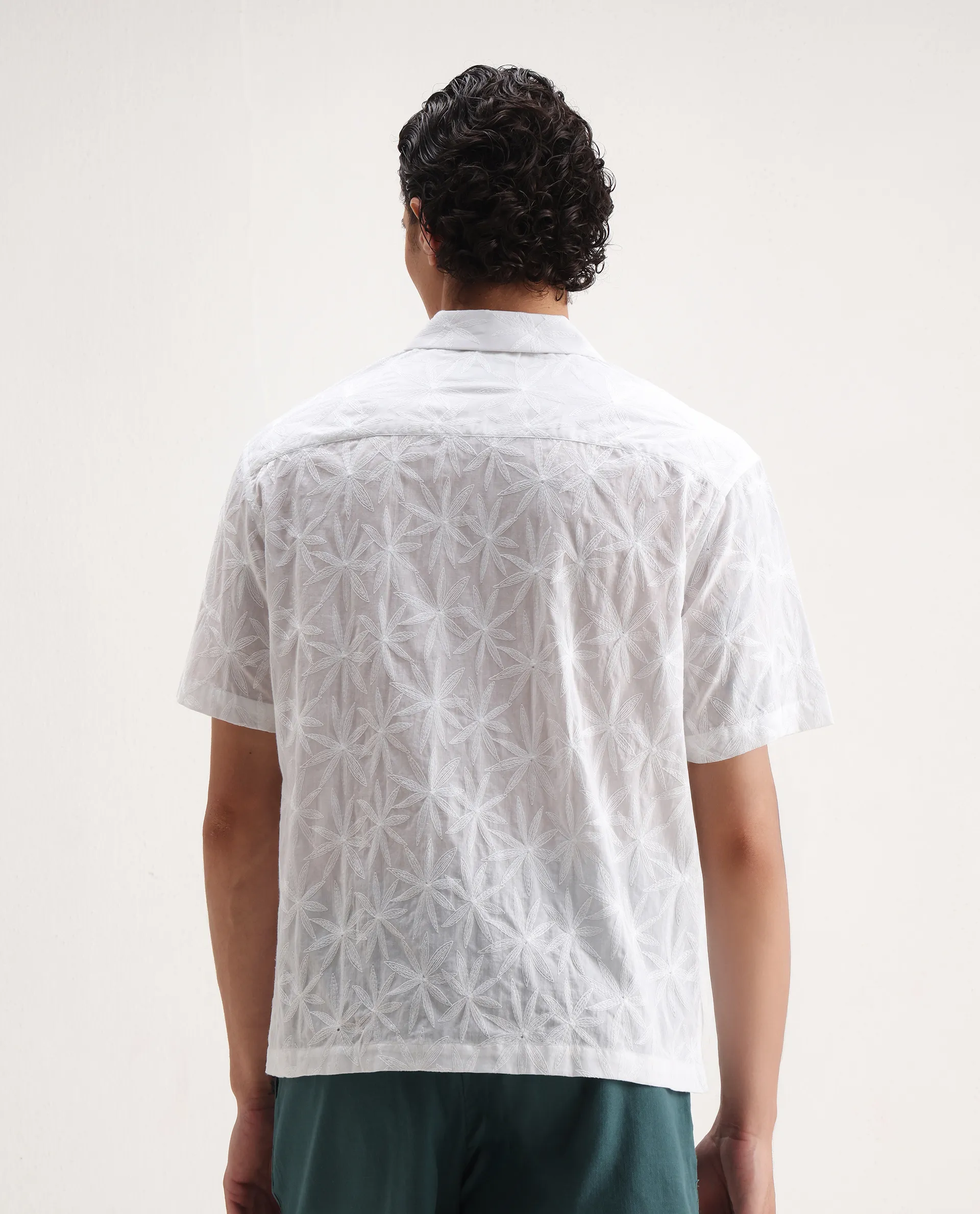 Rare Rabbit Men's Halo White Cotton Embroidered Boxy Fit Half Sleeve Cuban Collar Shirt - Image 7