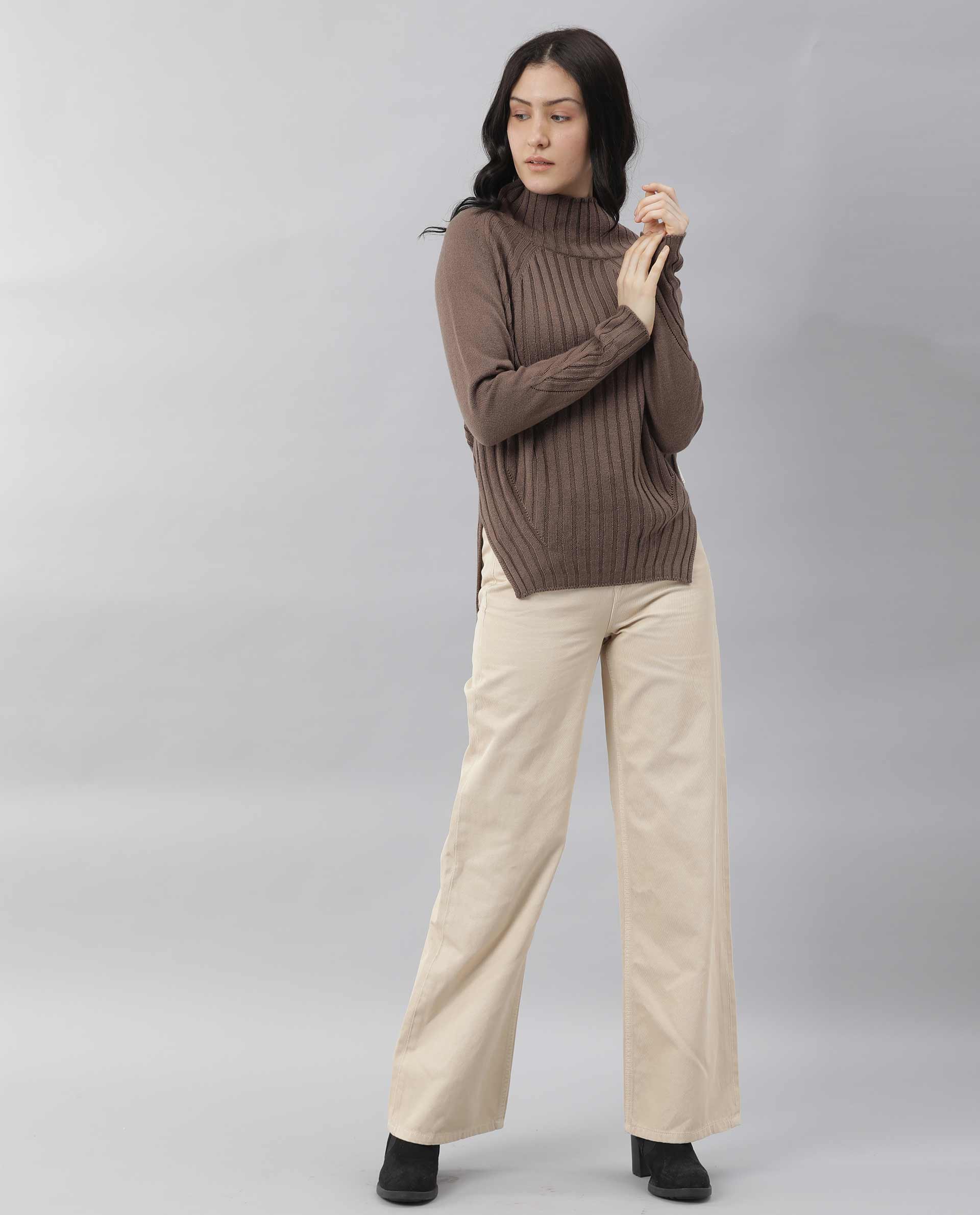 Rareism Women's Halo Brown Acrylic High Neck Plain Regular Fit Sweater - Image 2