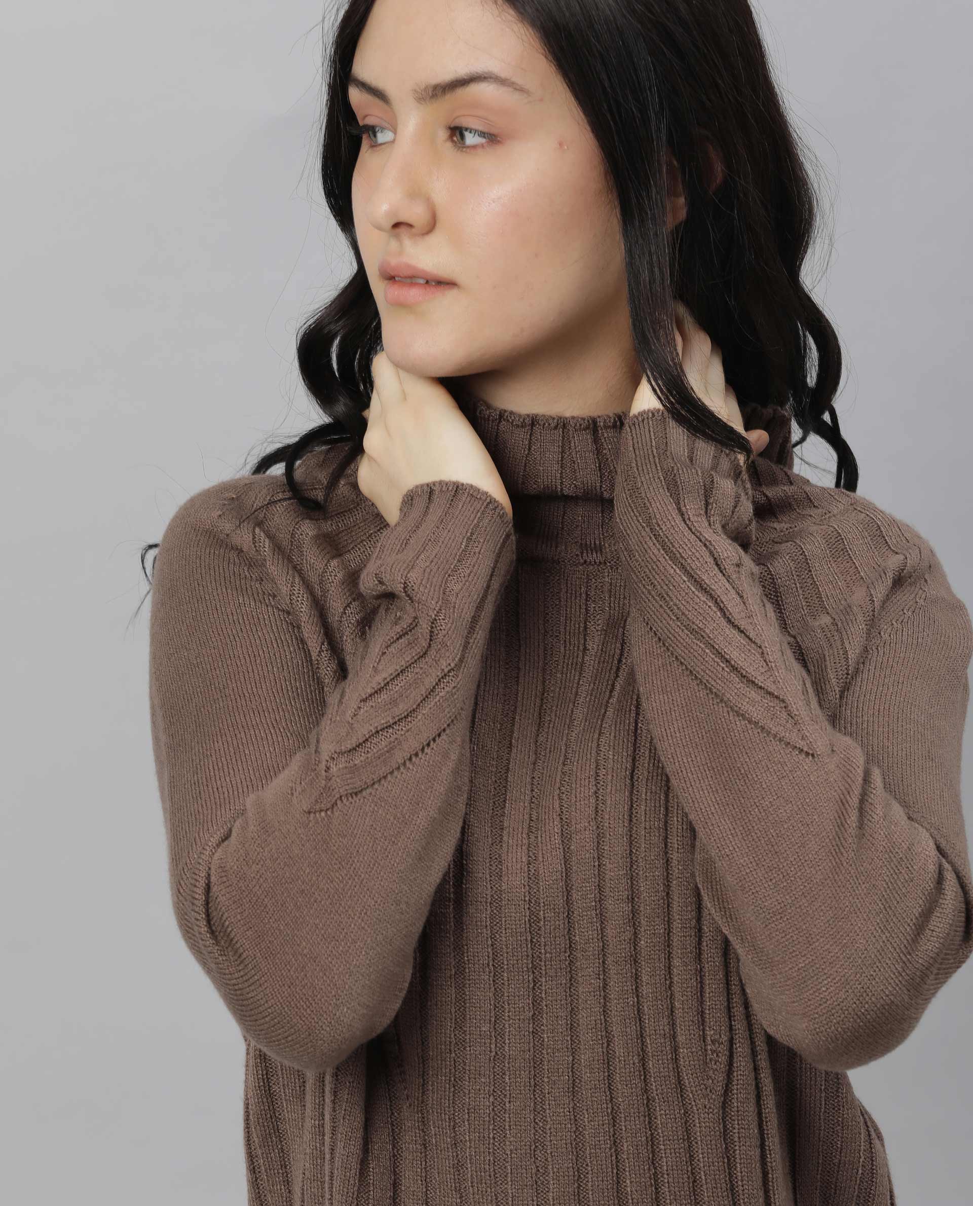 Rareism Women's Halo Brown Acrylic High Neck Plain Regular Fit Sweater - Image 3