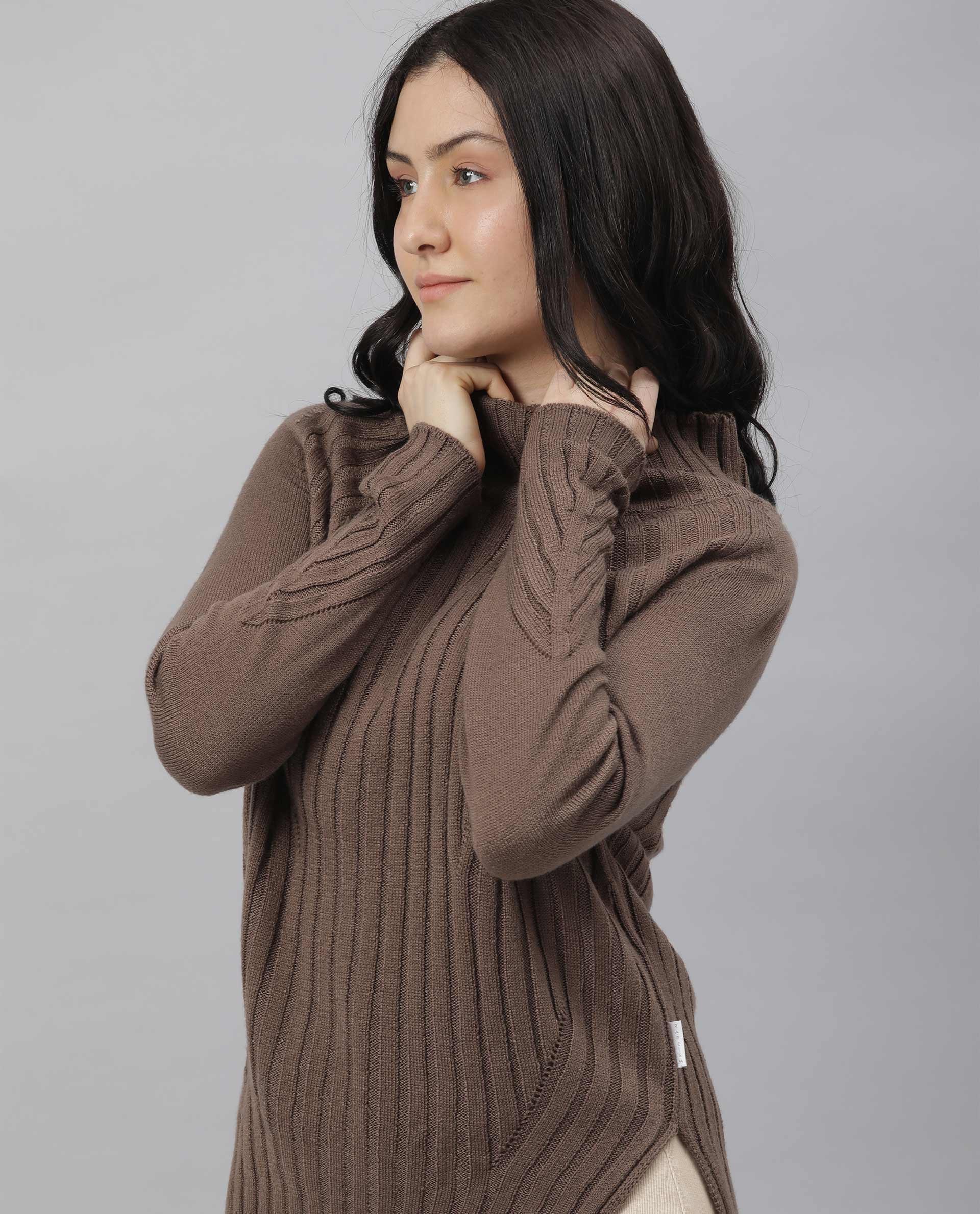 Rareism Women's Halo Brown Acrylic High Neck Plain Regular Fit Sweater - Image 4