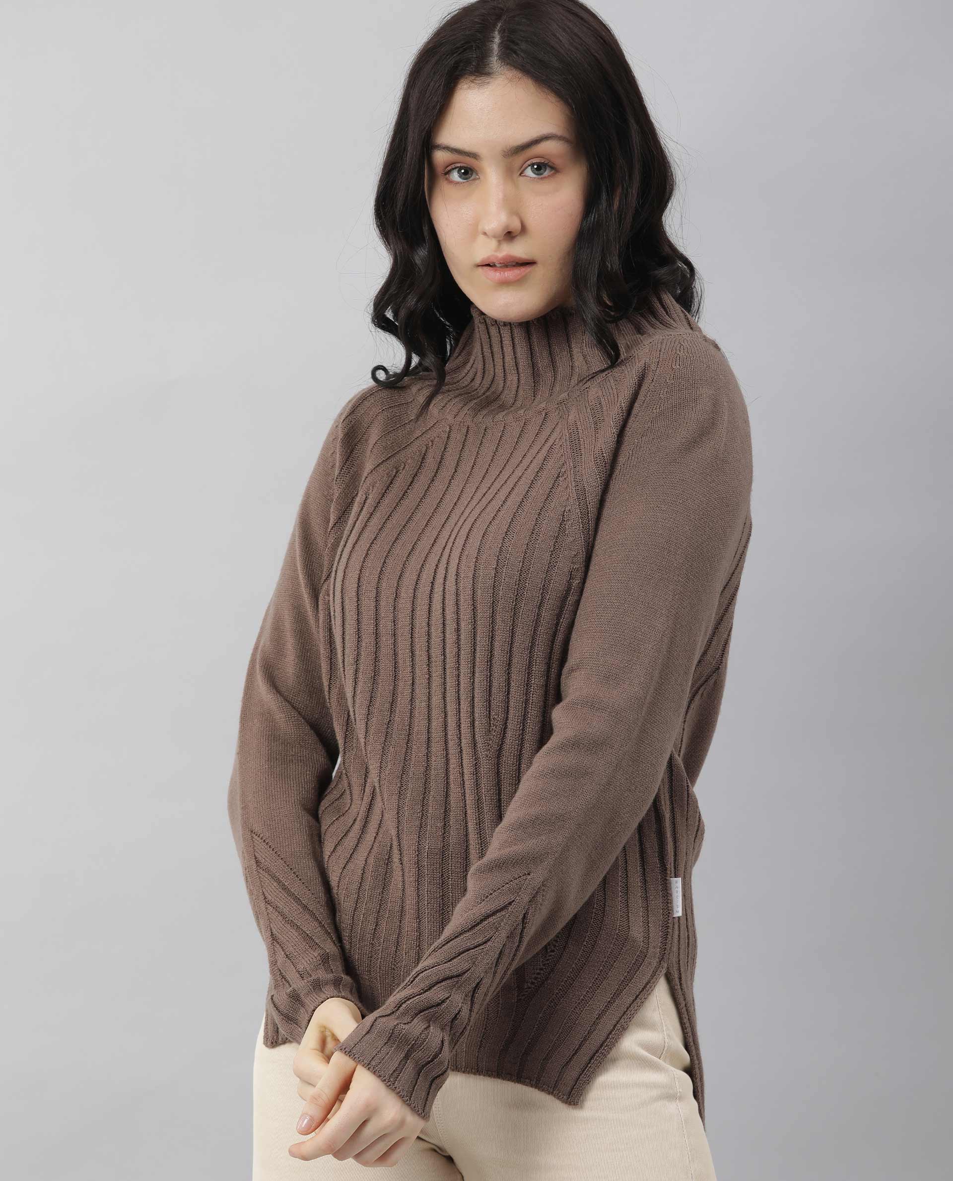 Rareism Women's Halo Brown Acrylic High Neck Plain Regular Fit Sweater - Image 5