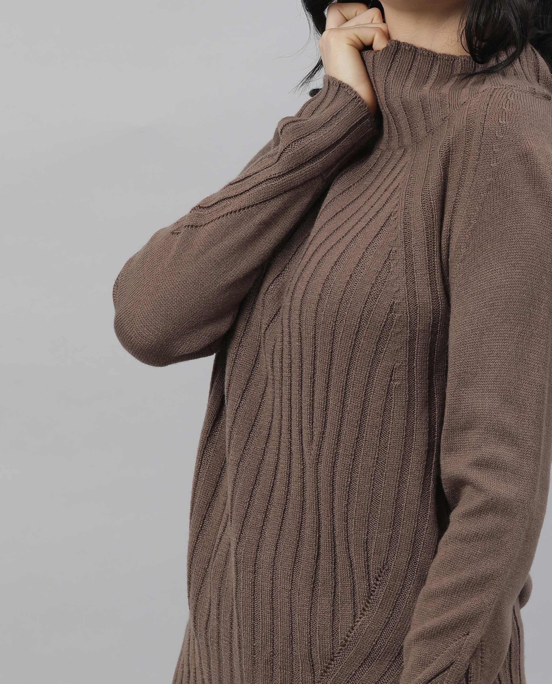 Rareism Women's Halo Brown Acrylic High Neck Plain Regular Fit Sweater - Image 6