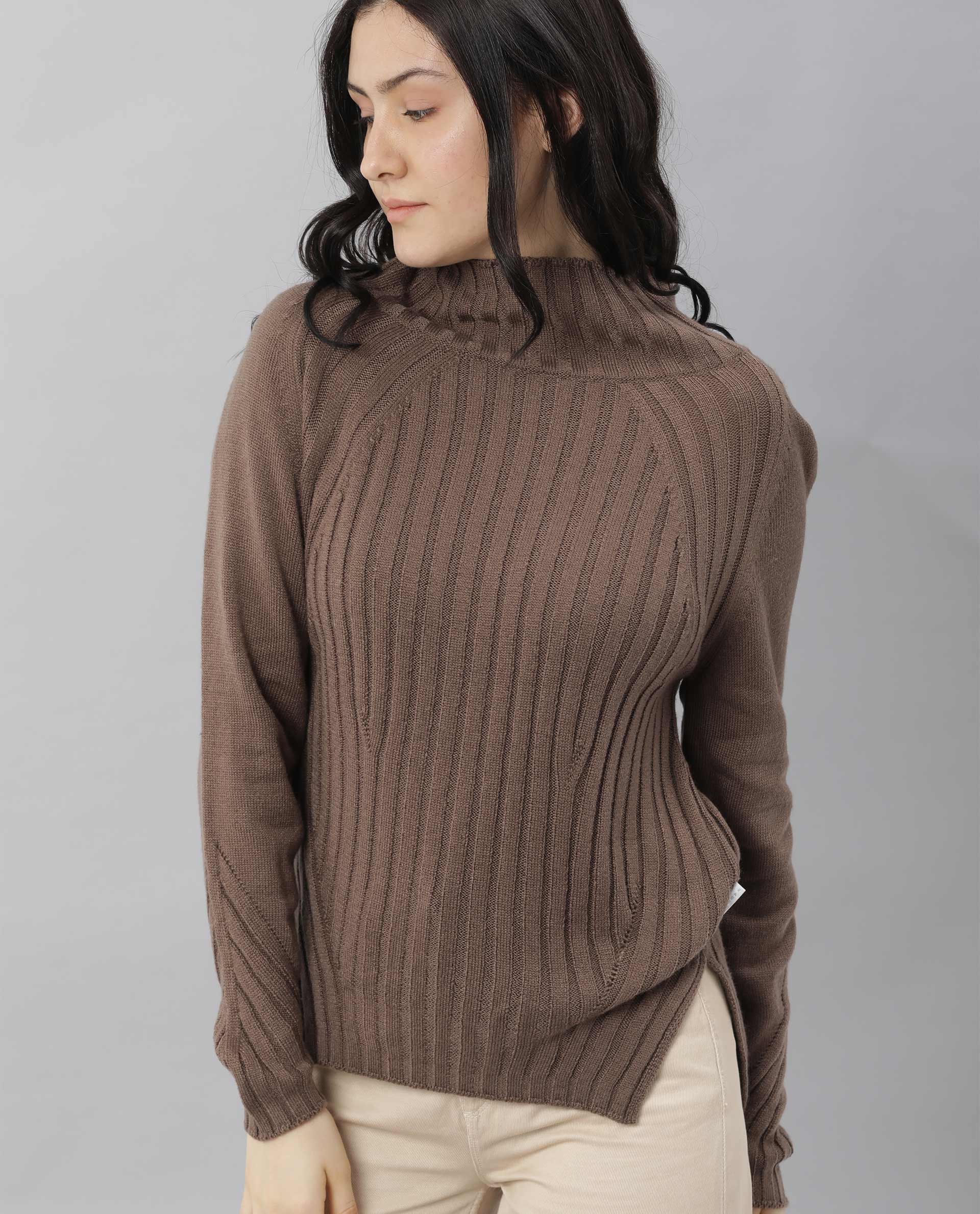 Rareism Women's Halo Brown Acrylic High Neck Plain Regular Fit Sweater - Image 7
