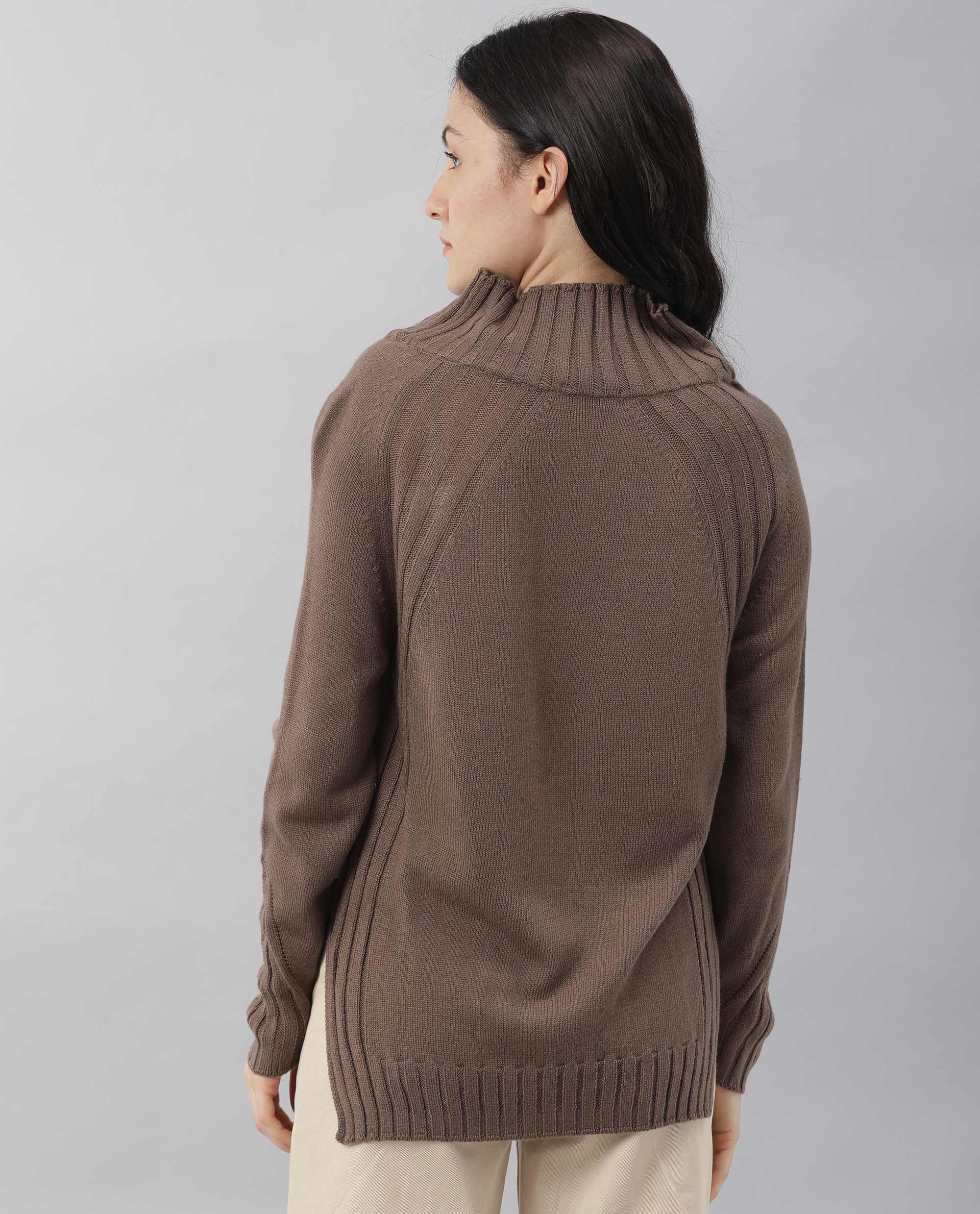 Rareism Women's Halo Brown Acrylic High Neck Plain Regular Fit Sweater - Image 8
