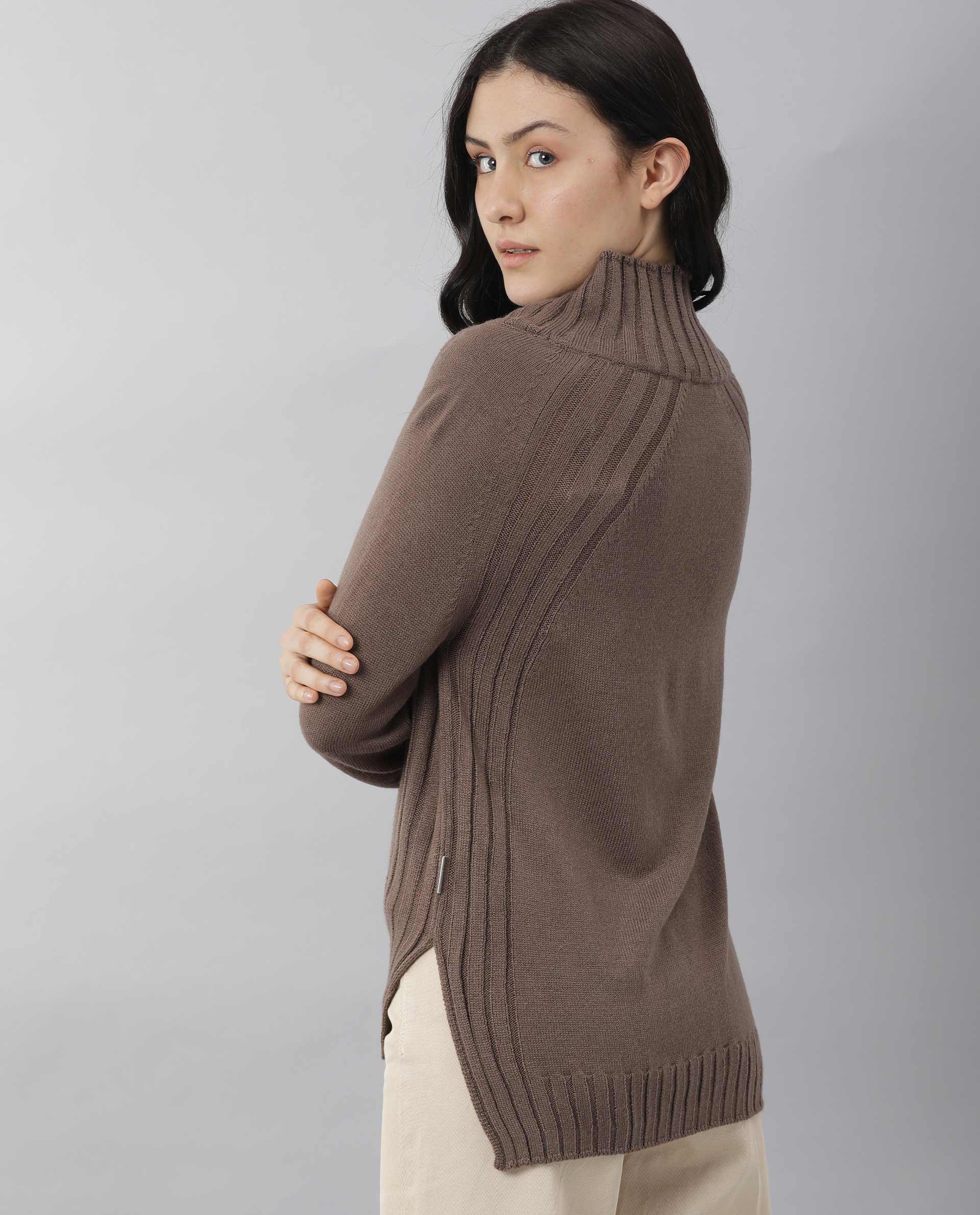 Rareism Women's Halo Brown Acrylic High Neck Plain Regular Fit Sweater - Image 9