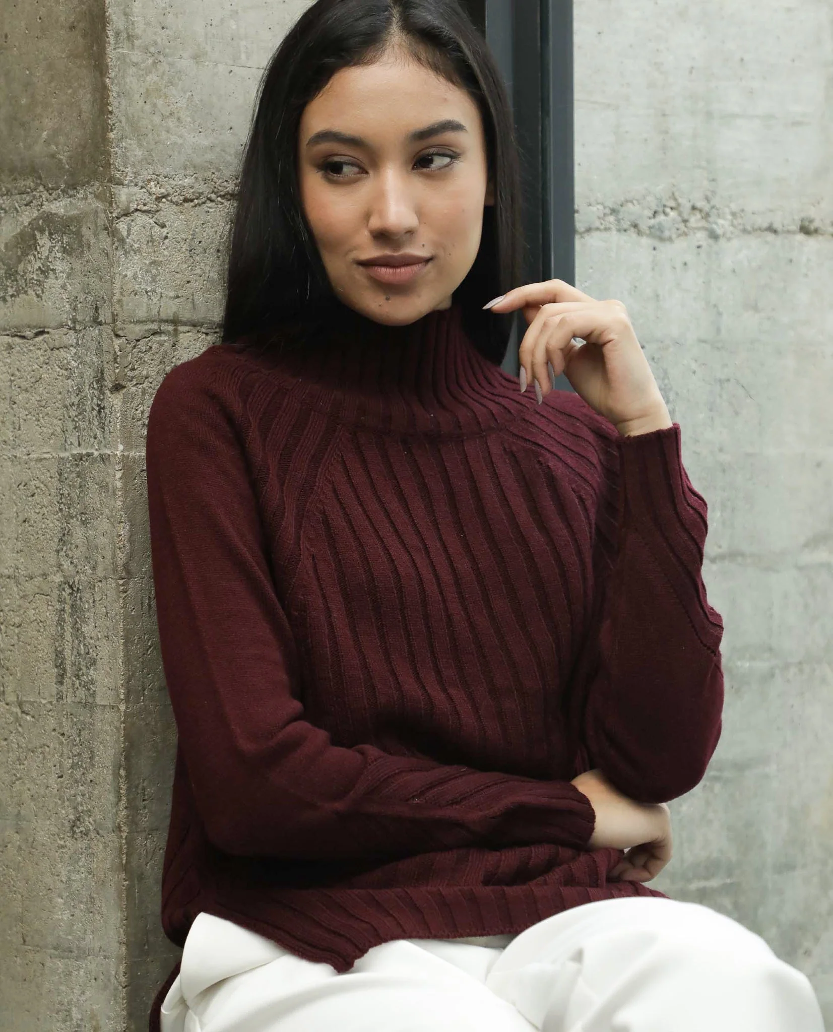 Rareism Women's Halo Maroon Acrylic High Neck Plain Regular Fit Sweater