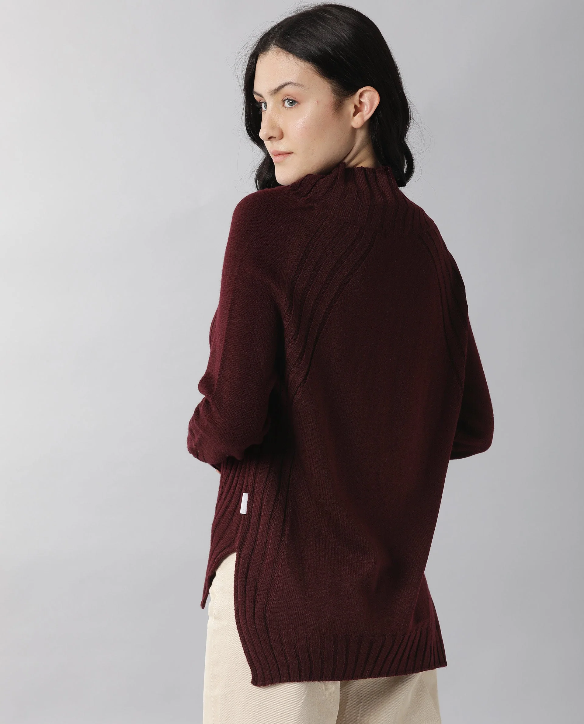 Rareism Women's Halo Maroon Acrylic High Neck Plain Regular Fit Sweater - Image 10