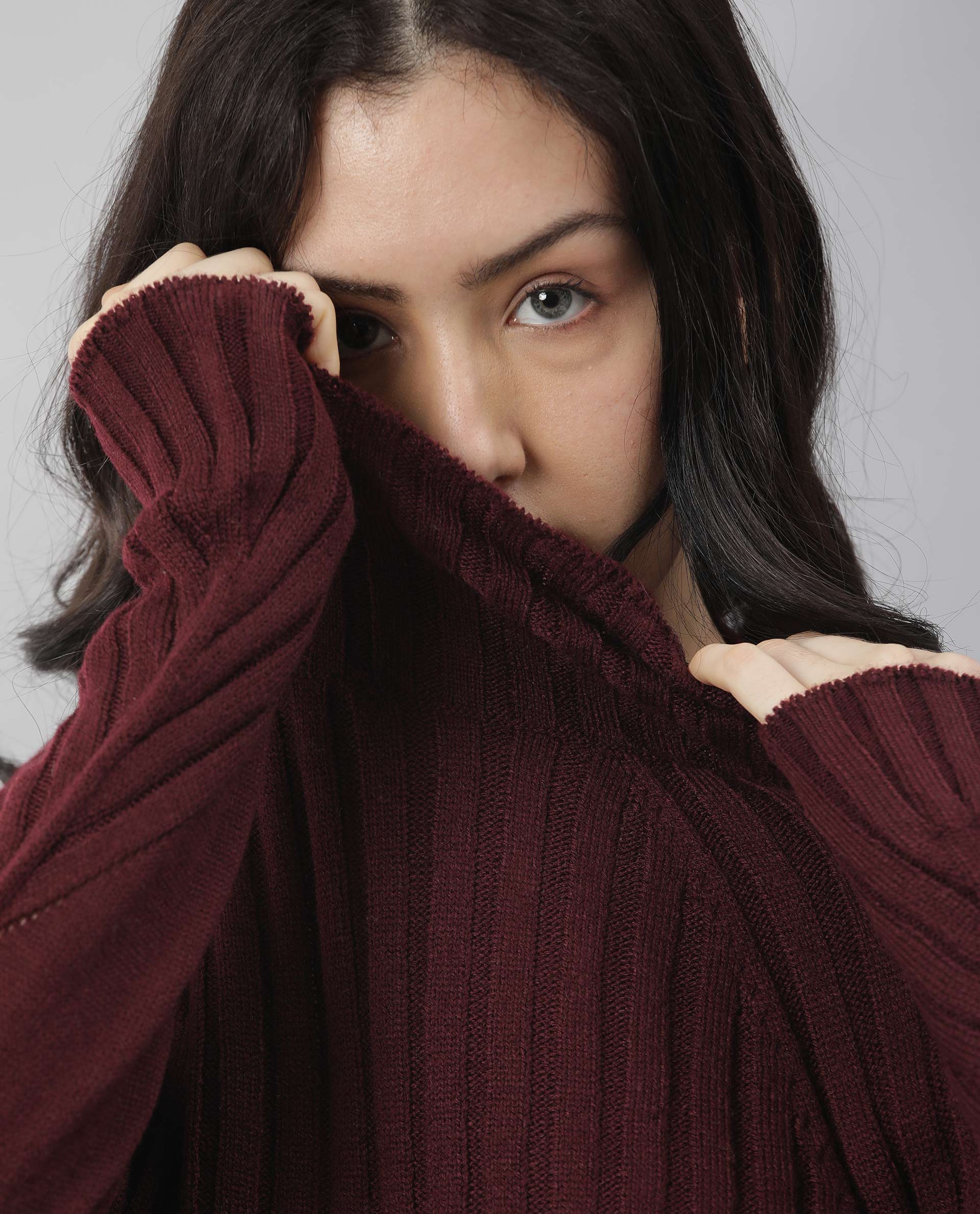 Rareism Women's Halo Maroon Acrylic High Neck Plain Regular Fit Sweater - Image 2