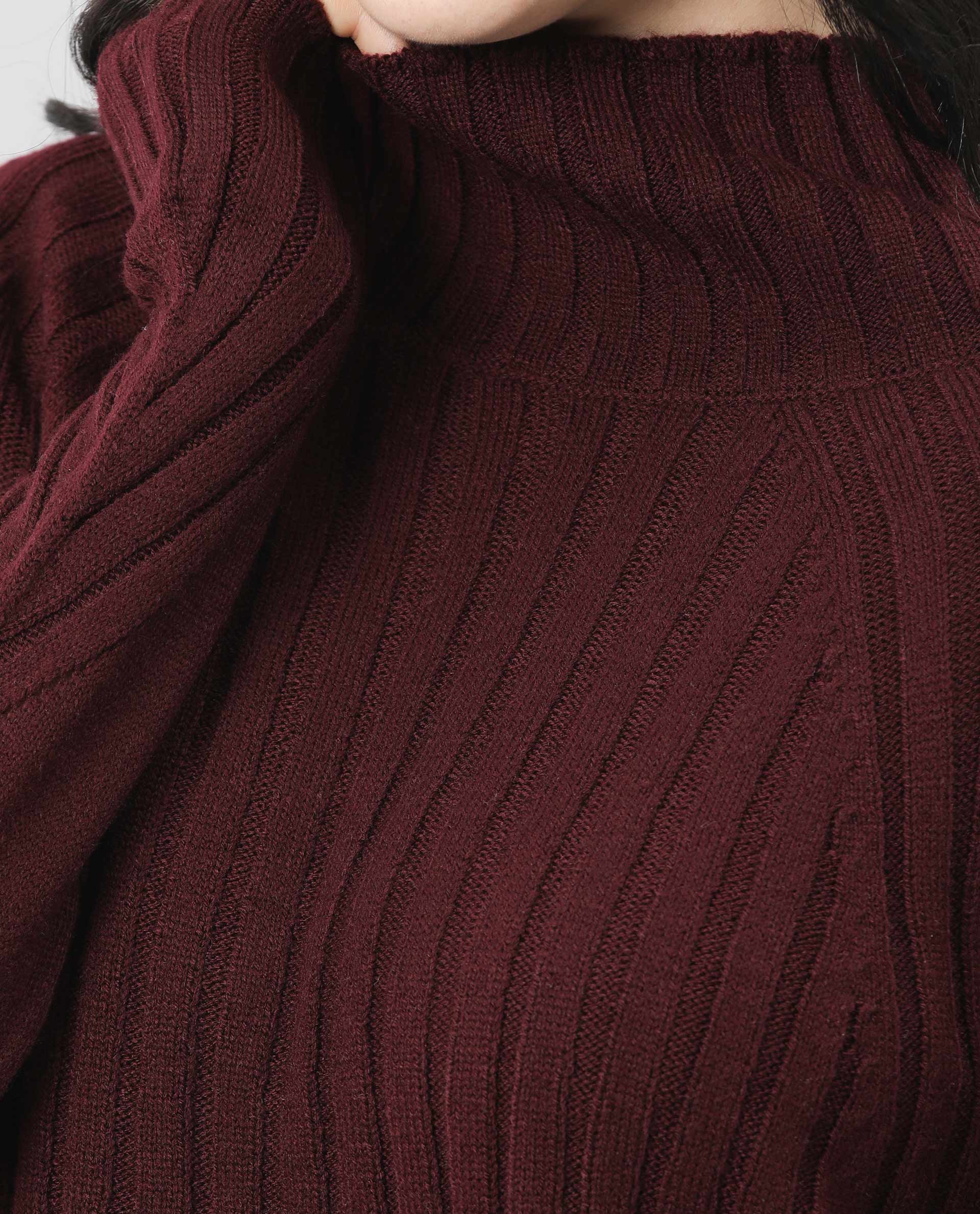 Rareism Women's Halo Maroon Acrylic High Neck Plain Regular Fit Sweater - Image 3